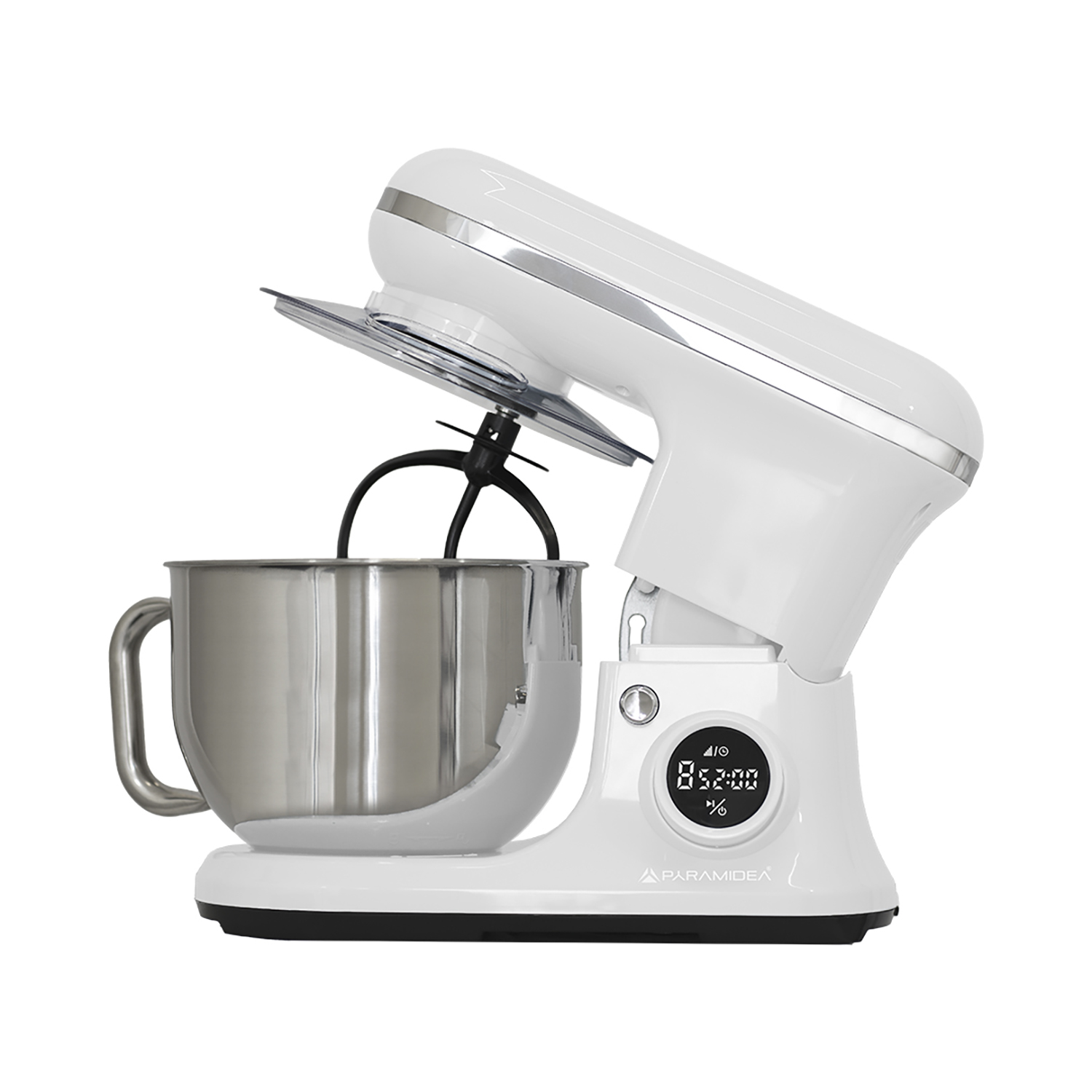 Impastatrice bianca con una ciotola in acciaio inox e un accessorio miscelatore nero. Ha un display digitale.