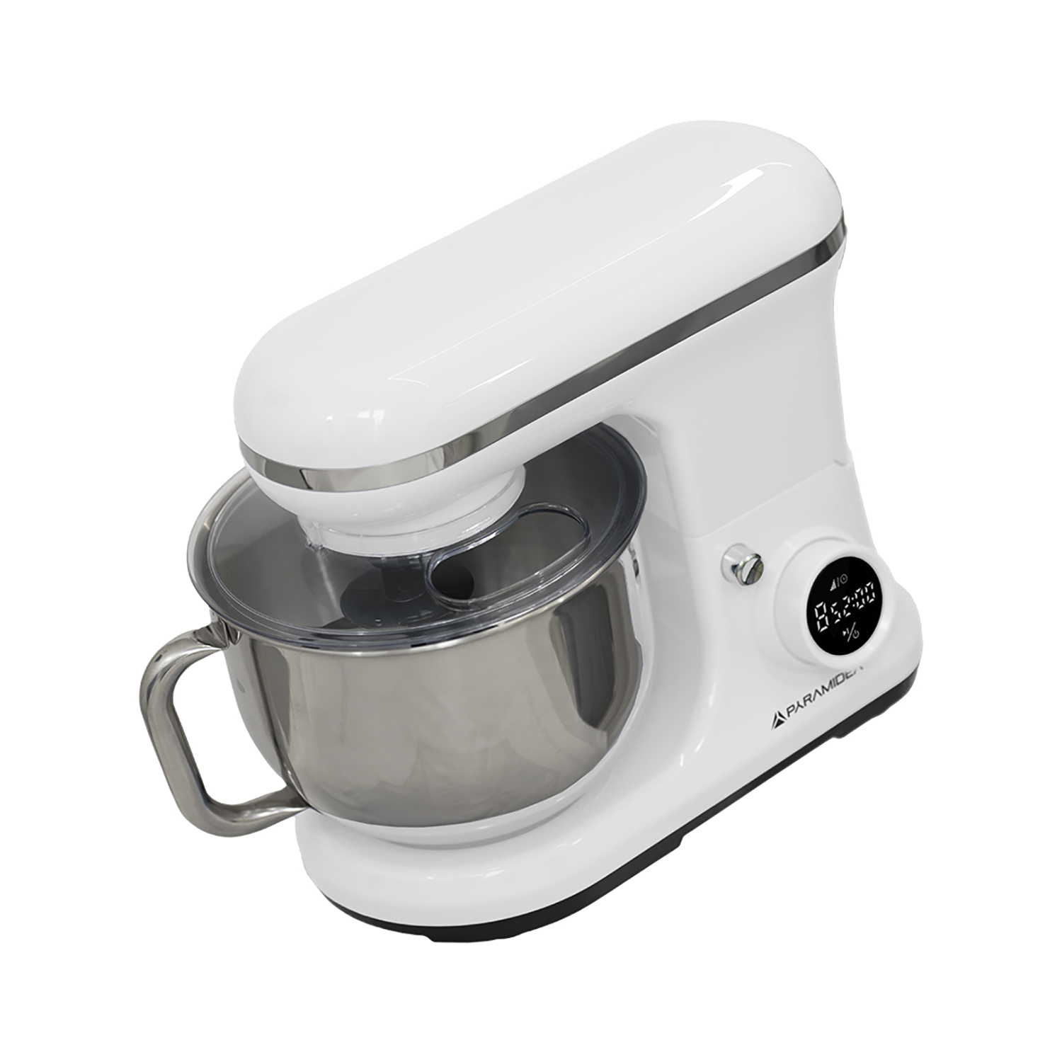 Impastatrice bianca con una ciotola in acciaio inox. Coperchio aperto, timer visibile.