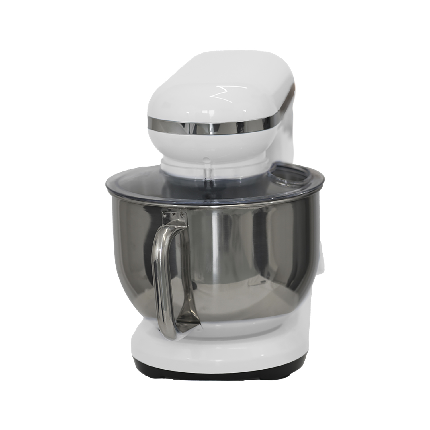 Un'impastatrice bianca con una ciotola in acciaio inox e una parte superiore bianca.