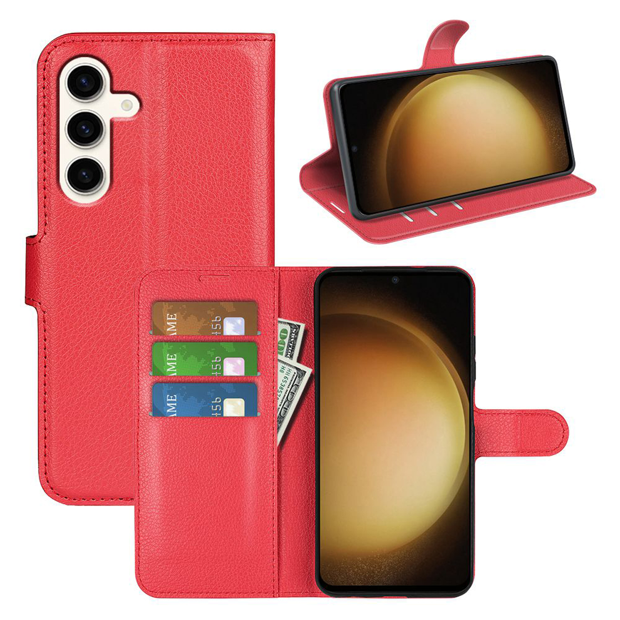 Rode leren telefoonhoes, open en gesloten weergave. Kaarten en geld zichtbaar.
