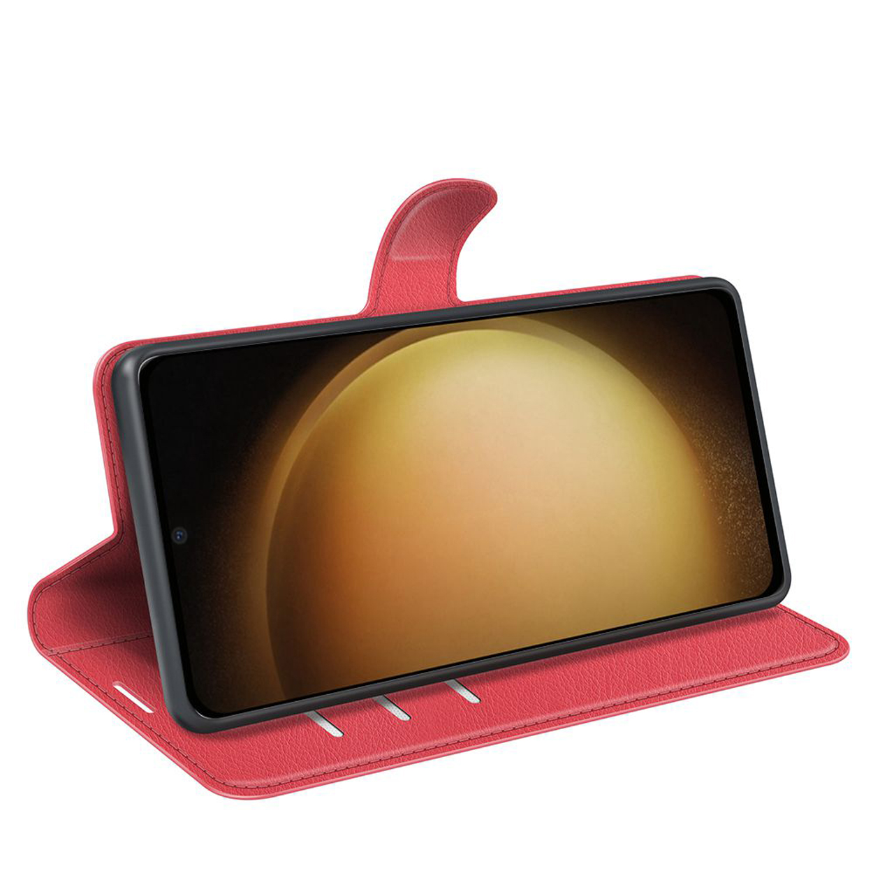 Rode telefoonhoes met telefoonscherm met gele gradiënt, op witte achtergrond.