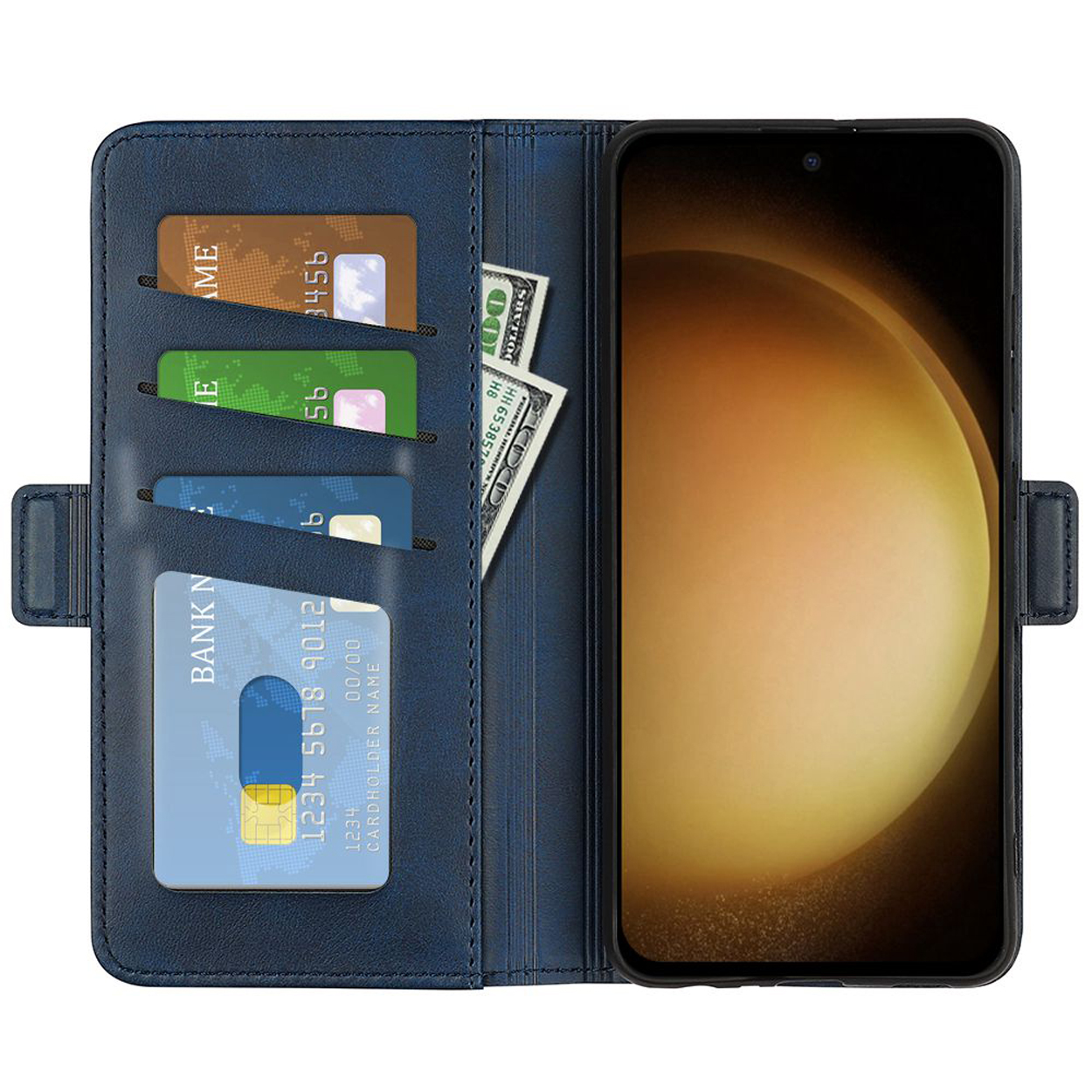 Blaue Handyhülle offen, zeigt Telefon, Karten und Geld. Der Bildschirm ist an.