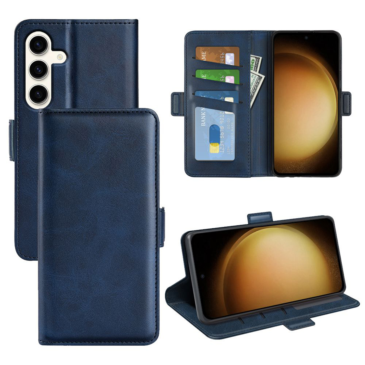 Blaue Leder-Handyhülle offen, mit Karten, Bargeld und Telefon sichtbar. Weißer Hintergrund.