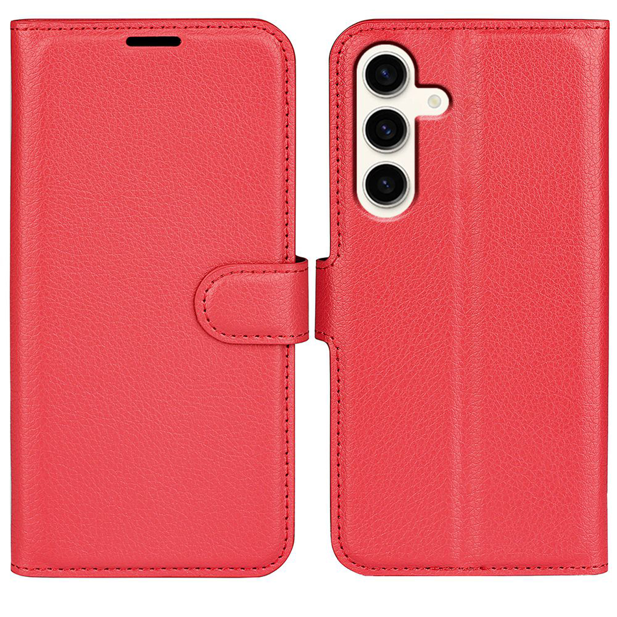 Open rode leren telefoonhoes. Telefoon niet zichtbaar. Magnetische sluiting en stiksels.