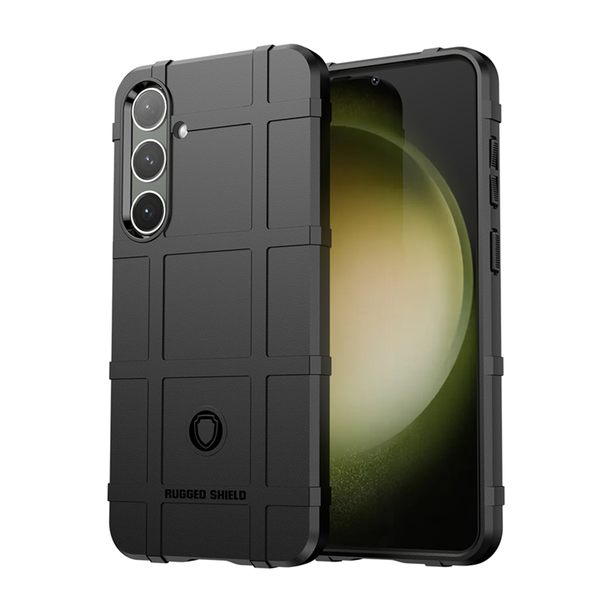 Coque de téléphone noire avec un téléphone. La coque a un design de bouclier robuste.