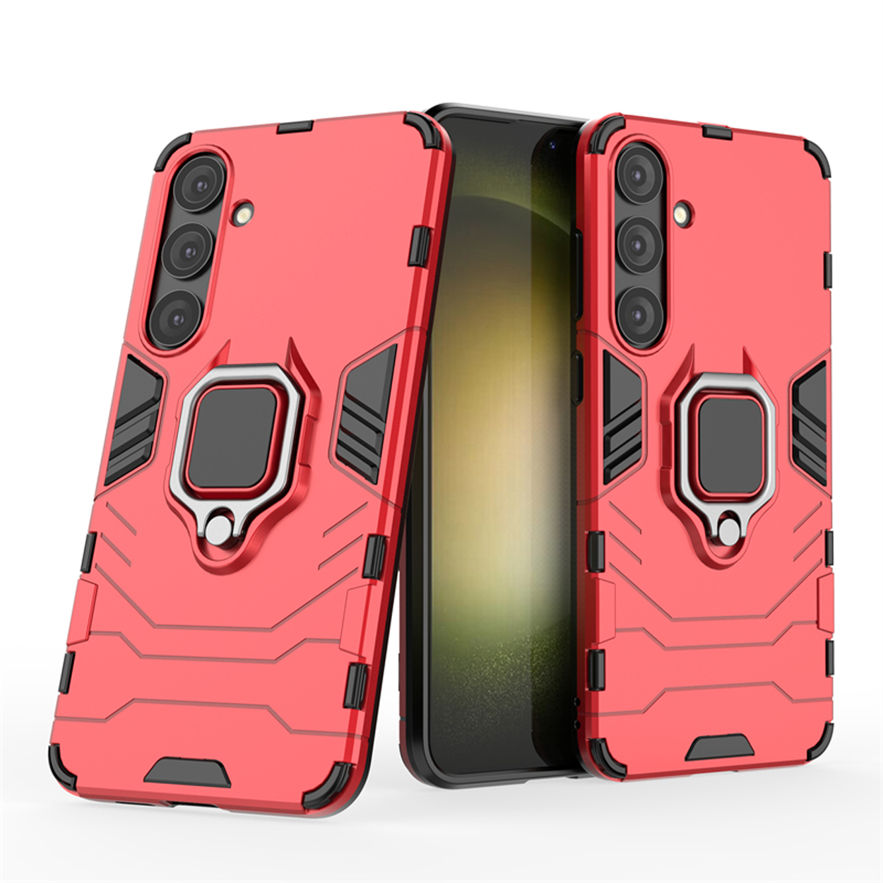 Coque de téléphone rouge avec un support de bague. L'étui est sur un téléphone. L'étui est protecteur.