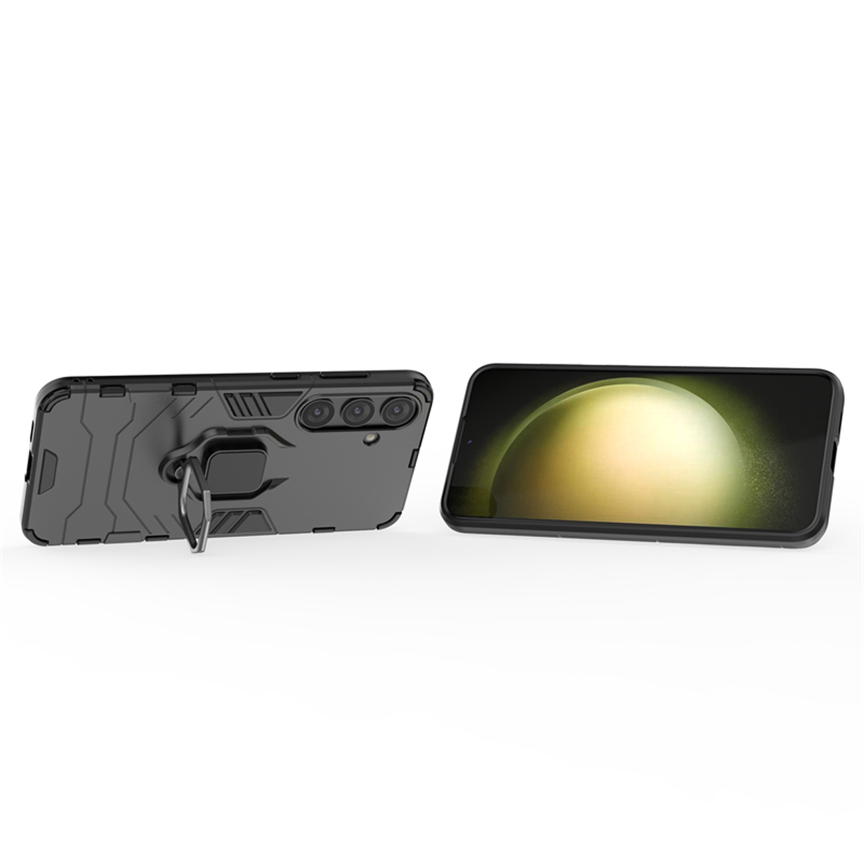 Deux téléphones avec des coques noires. L'un est soutenu par un support anneau.