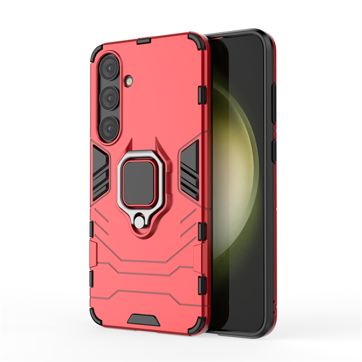 Coque de téléphone rouge avec anneau. Téléphone avec écran. Fond blanc.