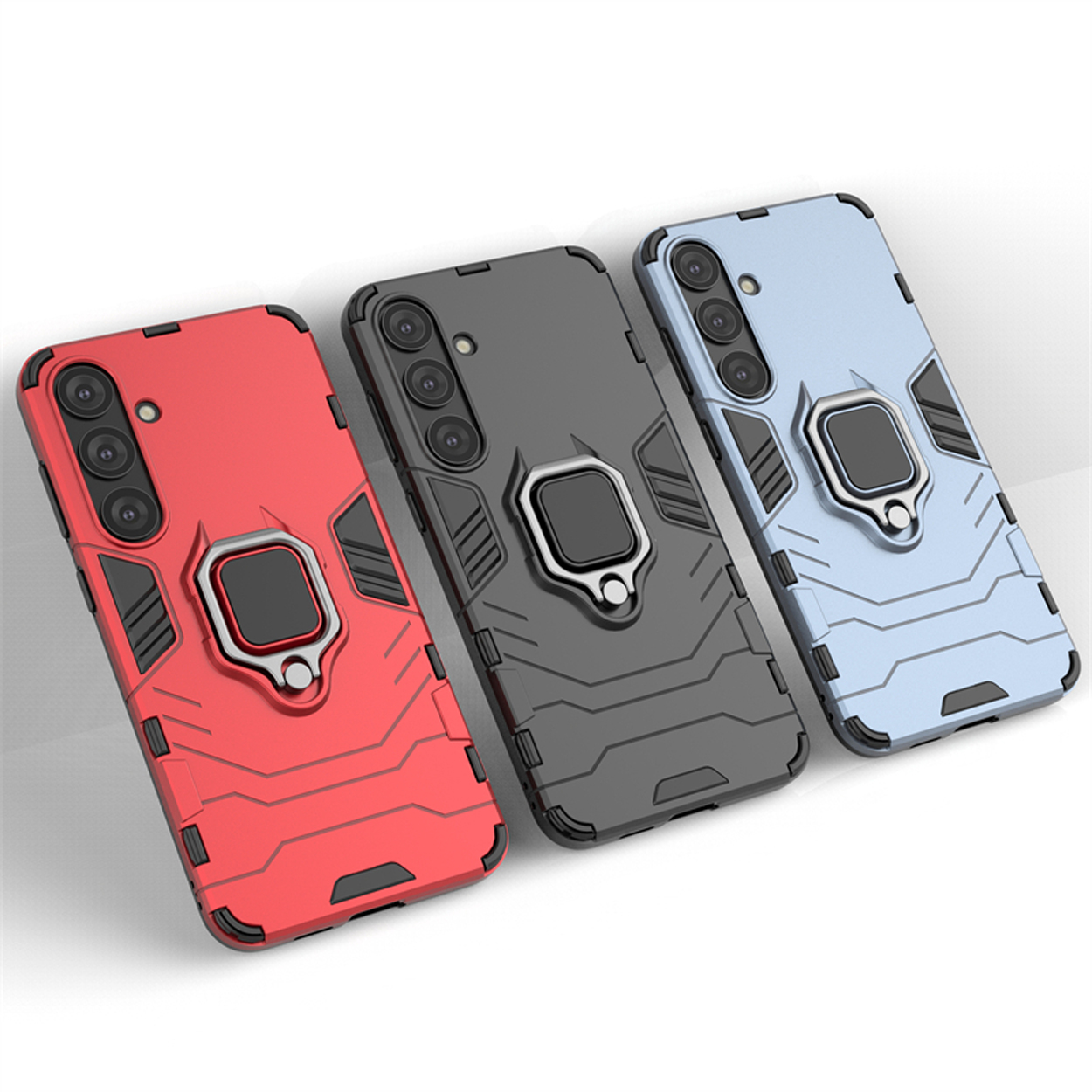 Trois étuis de téléphone : rouge, gris et bleu. Chacun a un support d'anneau et une découpe pour l'appareil photo. Ils sont en rangée.