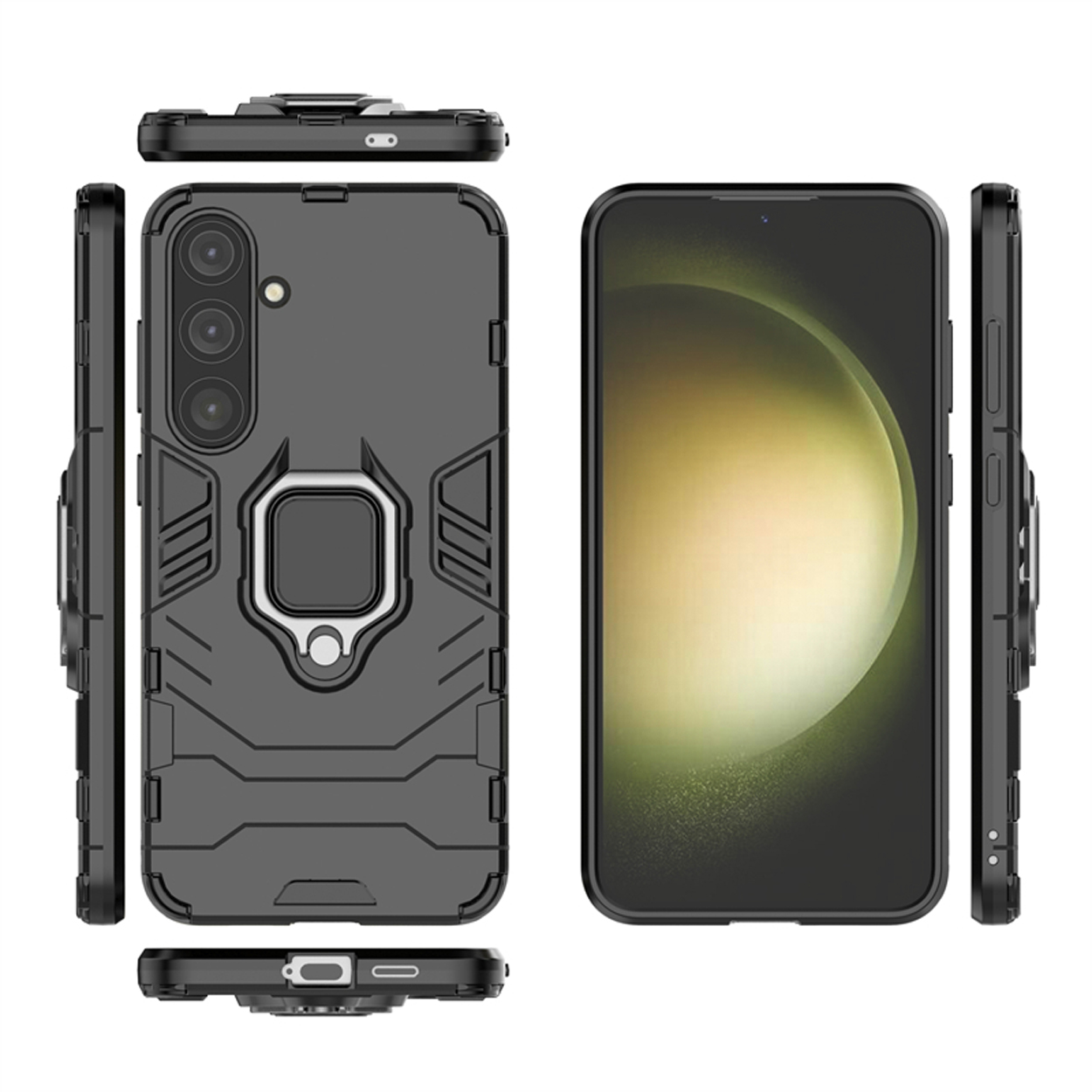 Coque de téléphone noire, vues multiples. Téléphone visible. Fond blanc.