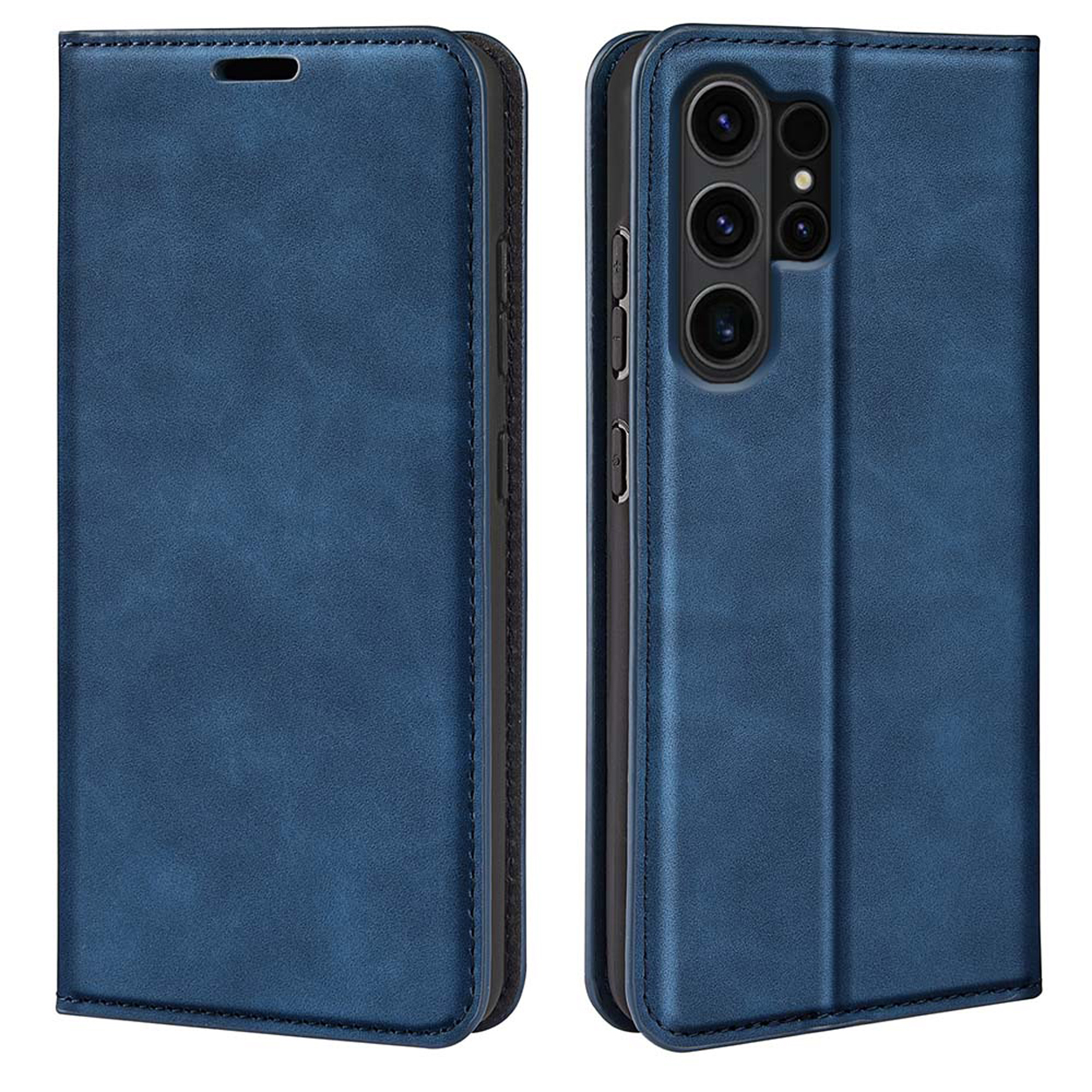 Étui de téléphone en cuir bleu, ouvert et fermé. Montre la caméra et les détails.