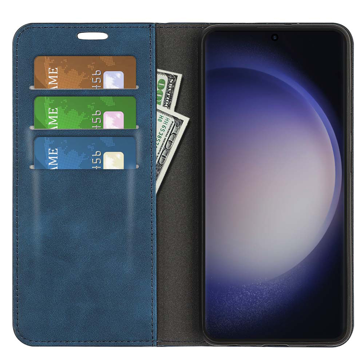 Étui de téléphone en cuir bleu avec emplacements pour cartes et un téléphone à l'intérieur. De l'argent est visible.