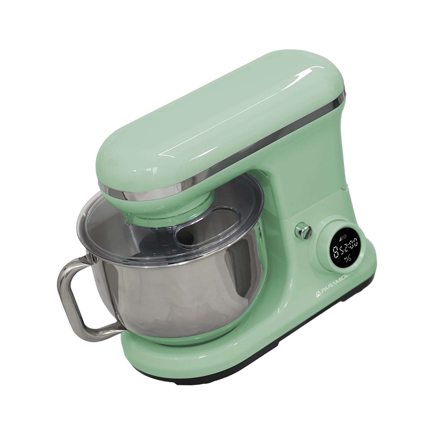 Un robot da cucina verde con una ciotola in acciaio inossidabile, un coperchio trasparente e un display digitale.