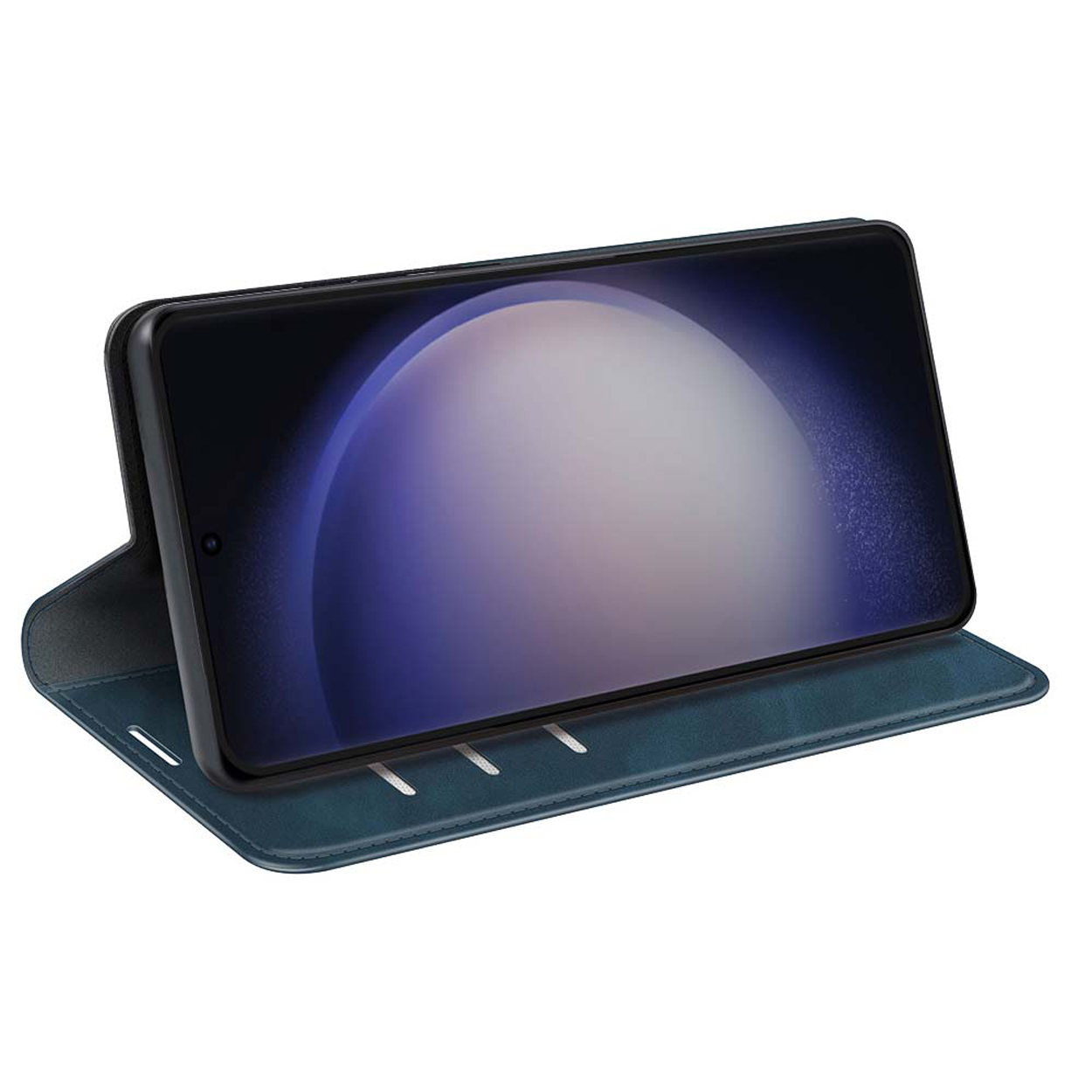 Coque de téléphone bleue ouverte, avec un téléphone à l'intérieur. Le téléphone est relevé. L'écran affiche un graphique.