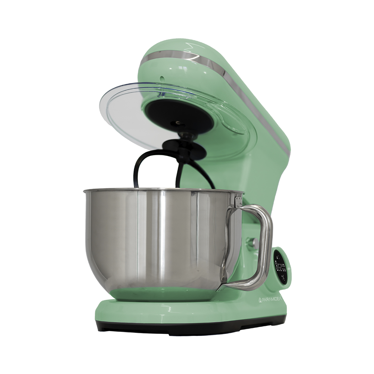 Un'impastatrice verde menta con una ciotola in acciaio inossidabile. La testa dell'impastatrice è aperta, mostrando gli interni.