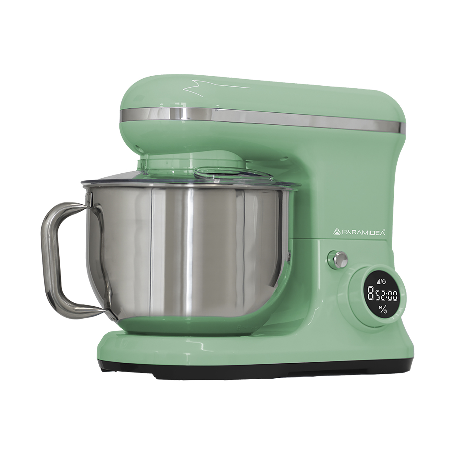 Impastatrice verde menta con ciotola in acciaio inox, display digitale mostra tempo e percentuale.
