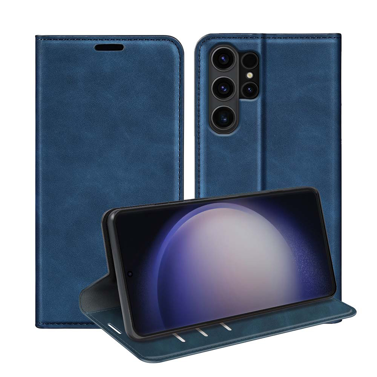 Coque de téléphone bleue avec téléphone à l'intérieur, ouverte et fermée.