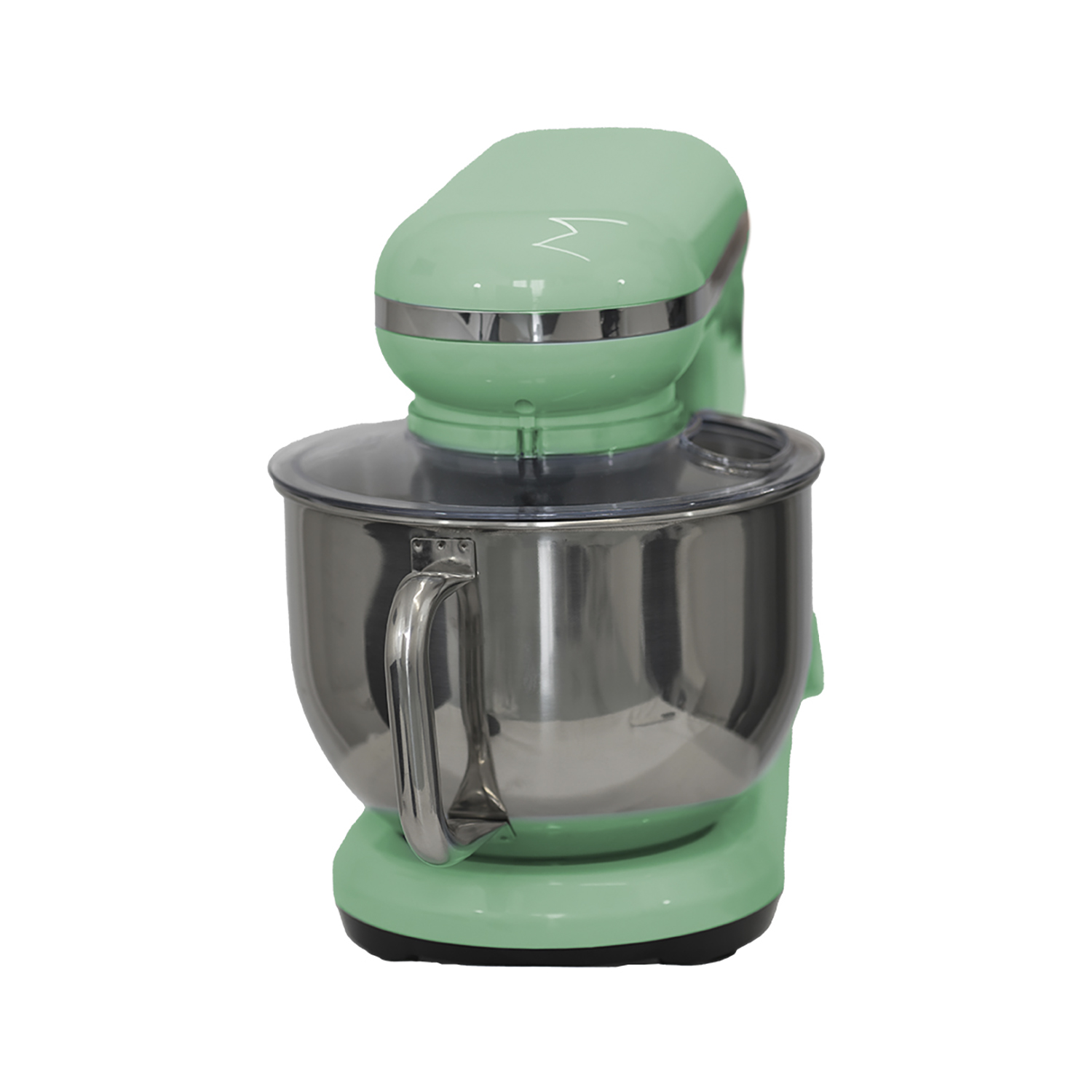 Robot da cucina verde menta con ciotola in acciaio inox, maniglia e coperchio trasparente.