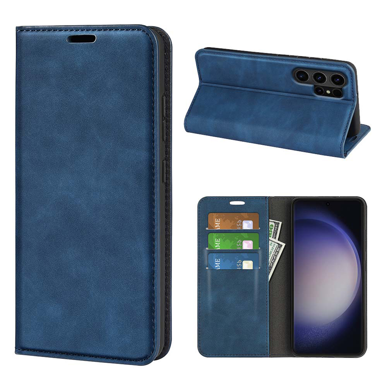Étui de téléphone bleu avec téléphone, cartes et argent à l'intérieur. Trois vues sur fond blanc.