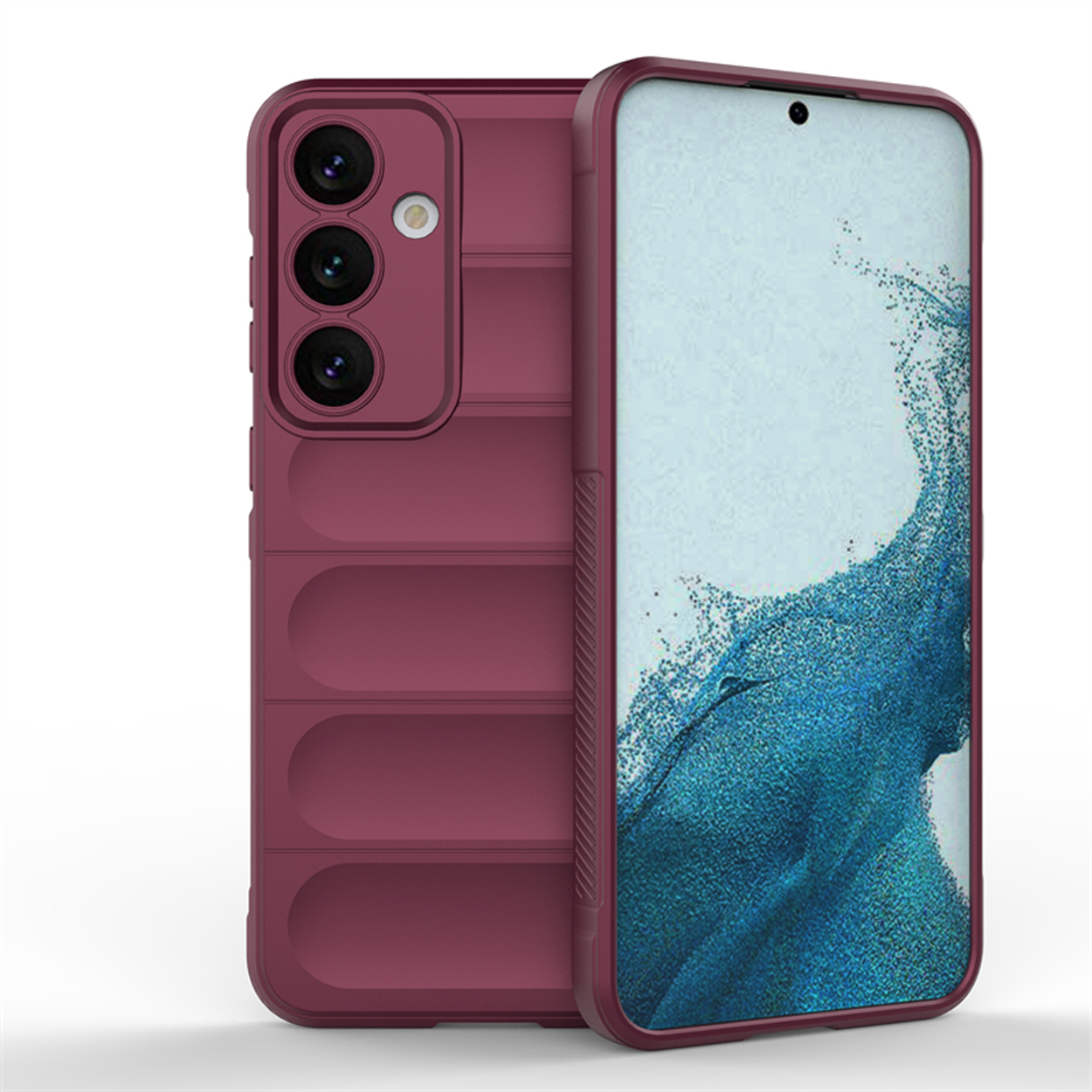 Een bordeauxrode telefoonhoes met een telefoon erin. De telefoon heeft een blauw scherm. De hoes heeft een textuur aan de achterkant.