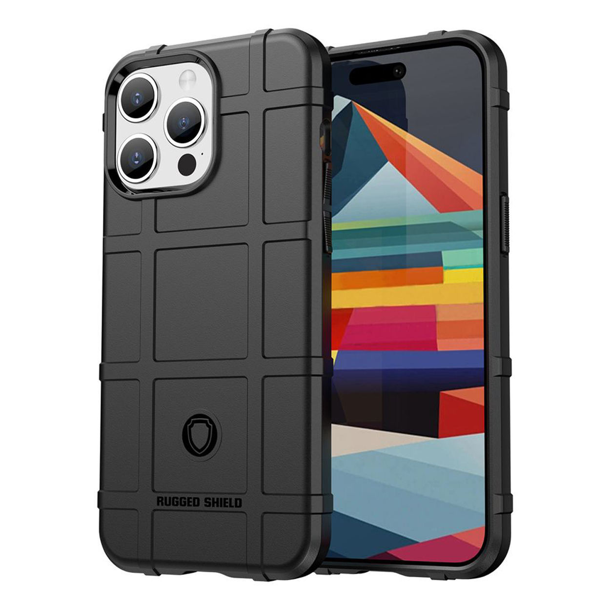 Zwarte telefoonhoes met een rasterpatroon, Rugged Shield-logo aan de voorkant. Telefoon is rechts zichtbaar.