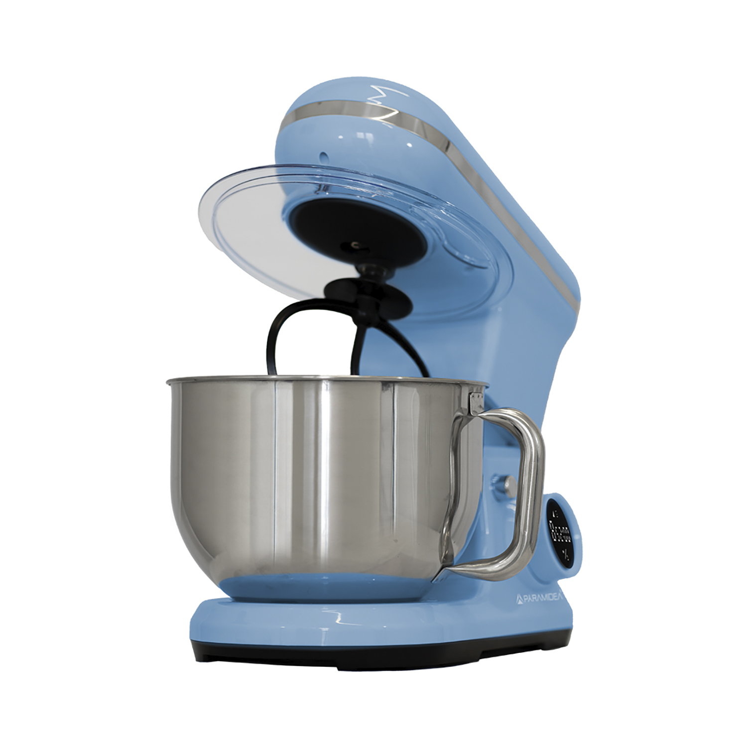 Impastatrice blu con ciotola in acciaio e coperchio aperto, su sfondo bianco.