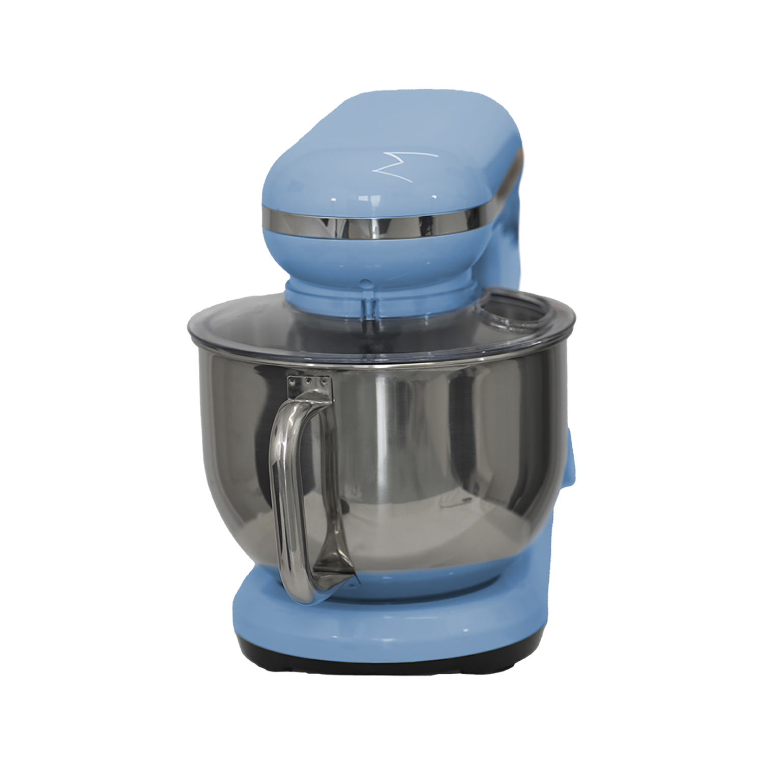 Impastatrice blu con ciotola in acciaio inox, di lato.