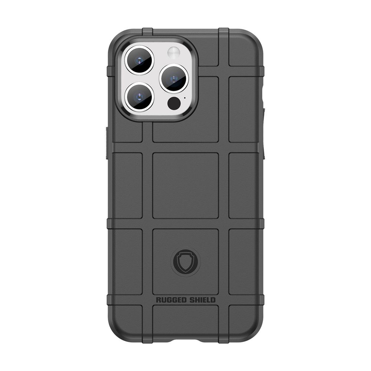 Zwart telefoonhoesje met een rasterpatroon en de woorden 'RUGGED SHIELD'.