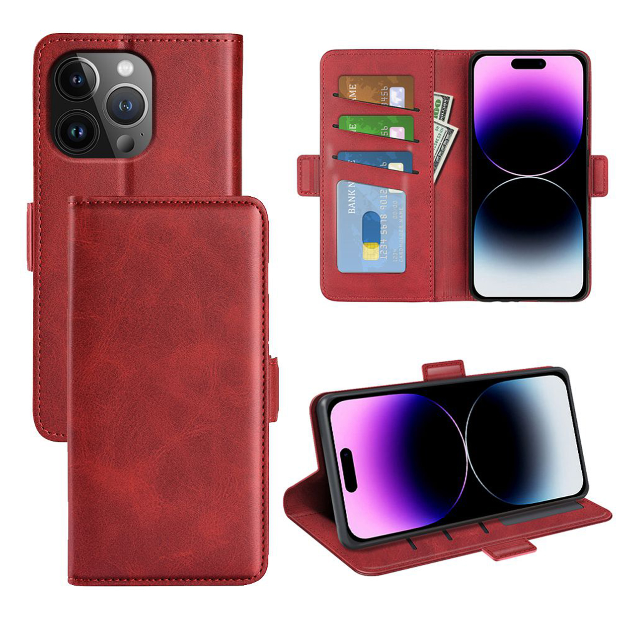 Rode leren telefoonhoes met een telefoon erin. De telefoon toont een paars scherm. Het heeft kaartsleuven en een magnetische sluiting.