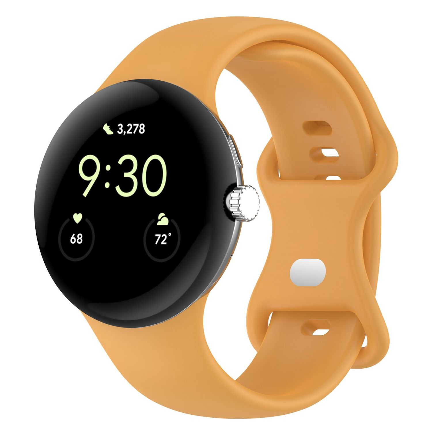 Orange Smartwatch zeigt Zeit und Statistiken. Schwarzer runder Bildschirm, orangefarbenes Armband. Weißer Hintergrund.