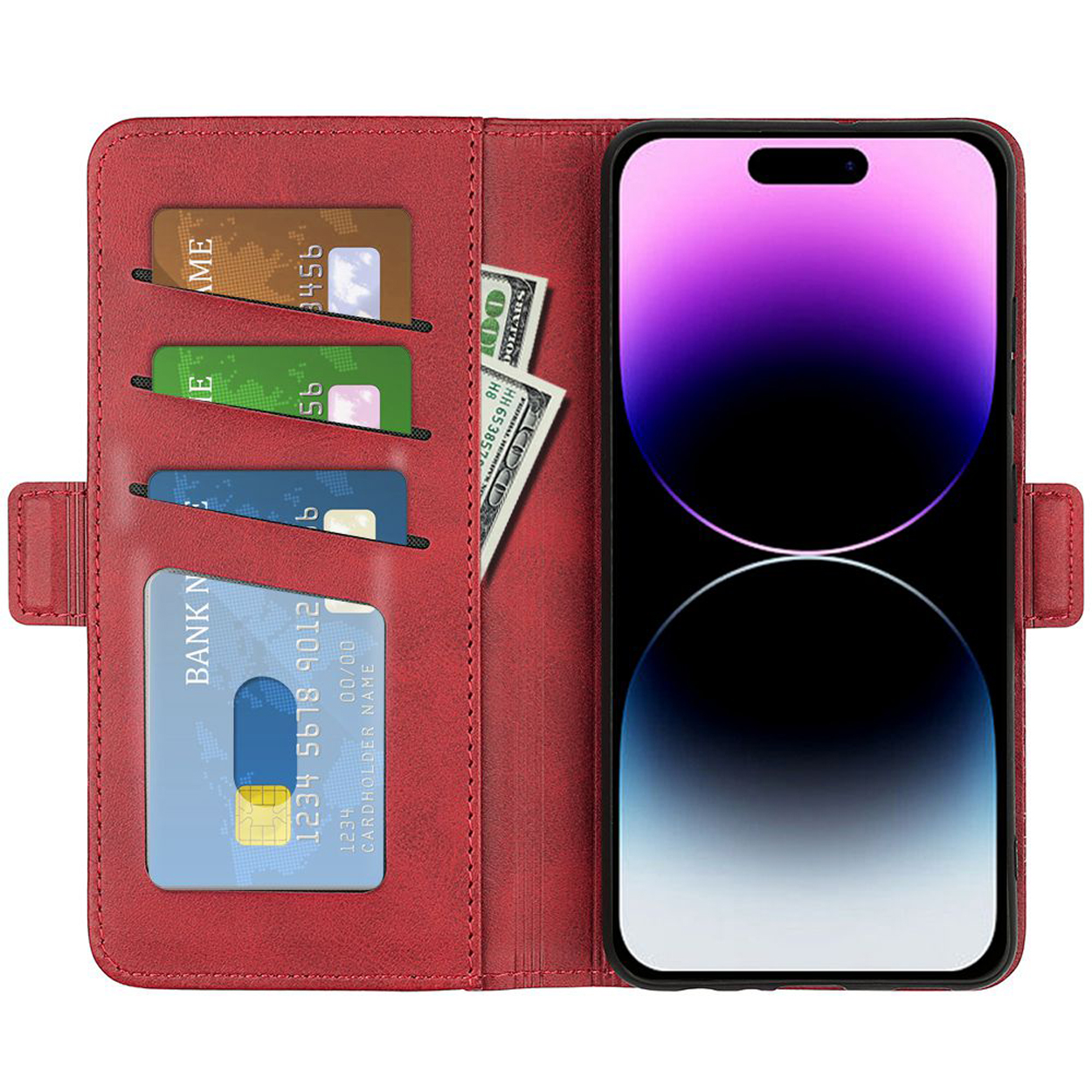 Rode leren telefoonhoes. Telefoon met kaarten en contant geld erin. Open weergave.
