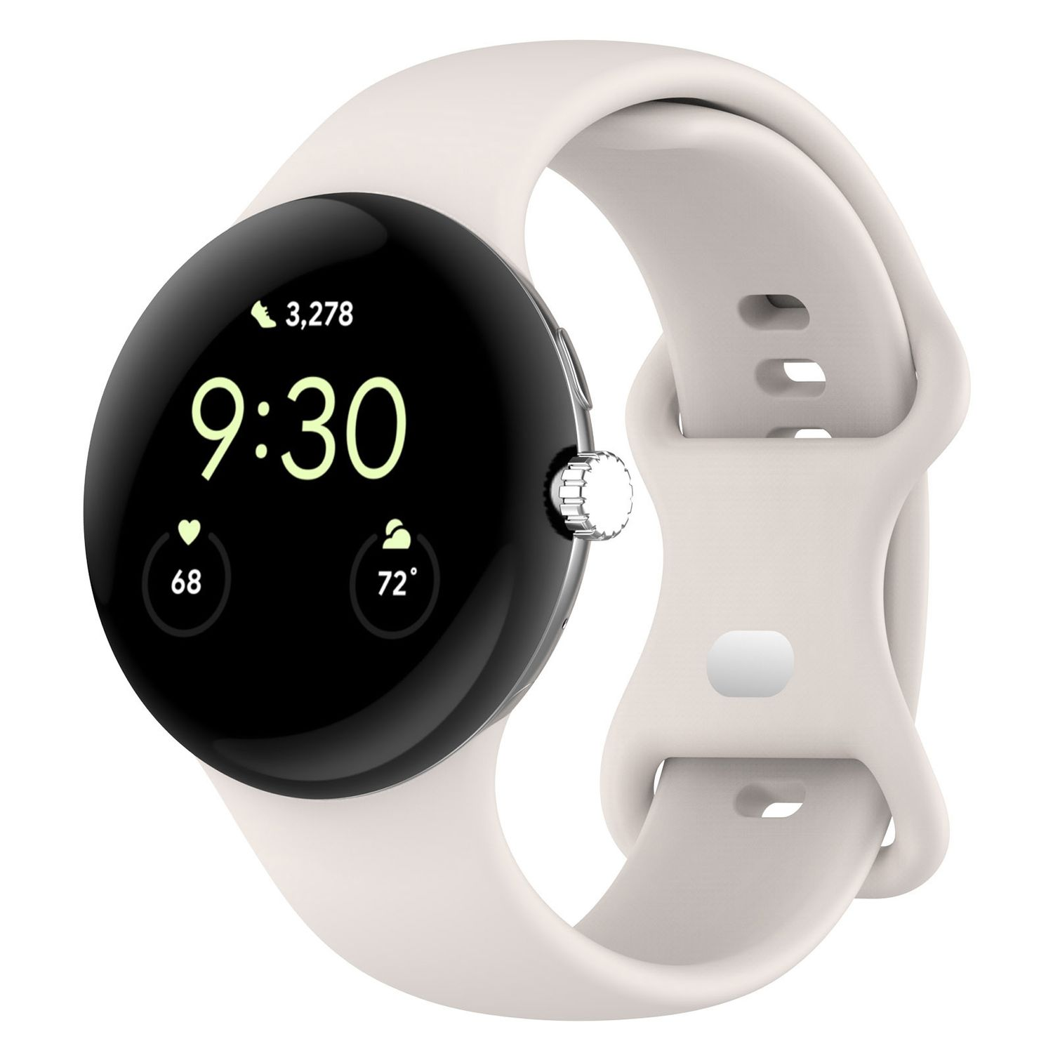 Eine runde Smartwatch mit weißem Armband. Der Bildschirm zeigt die Uhrzeit 9:30, die Schrittzahl und die Temperatur an.
