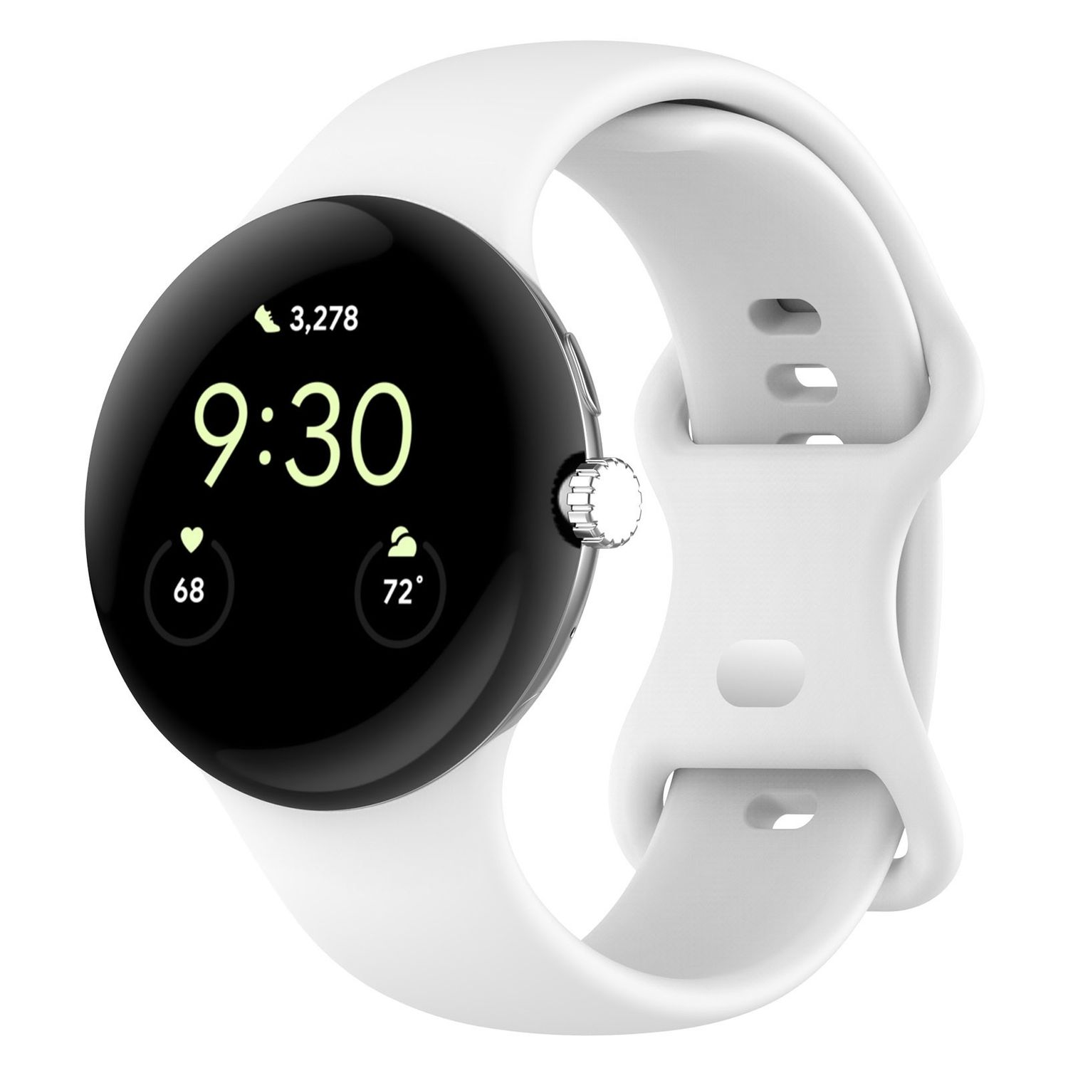 Weiße Pixel Smartwatch mit 9:30 Uhr, Statistiken und weißem Armband.