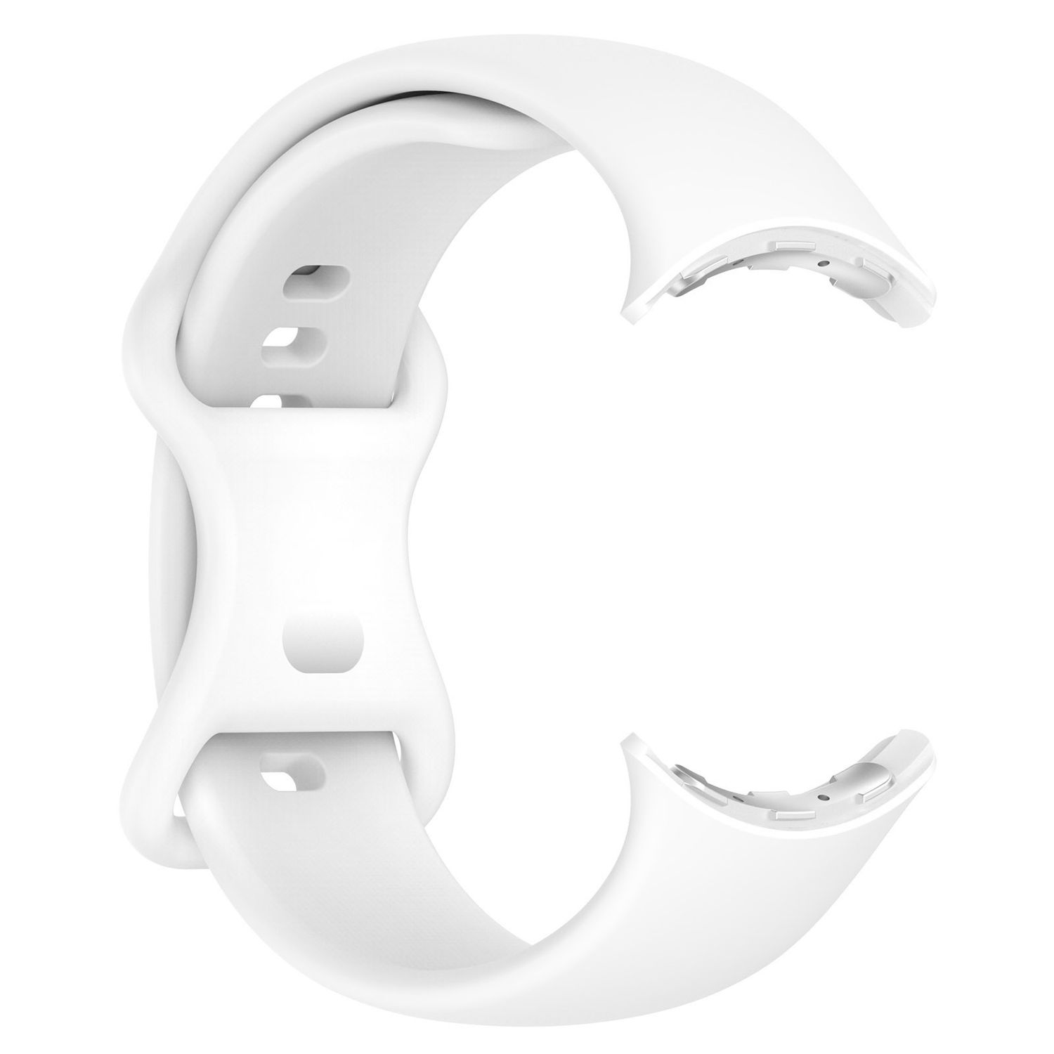 Weißes, C-förmiges Uhrenarmband. Es hat zwei Enden zur Befestigung.