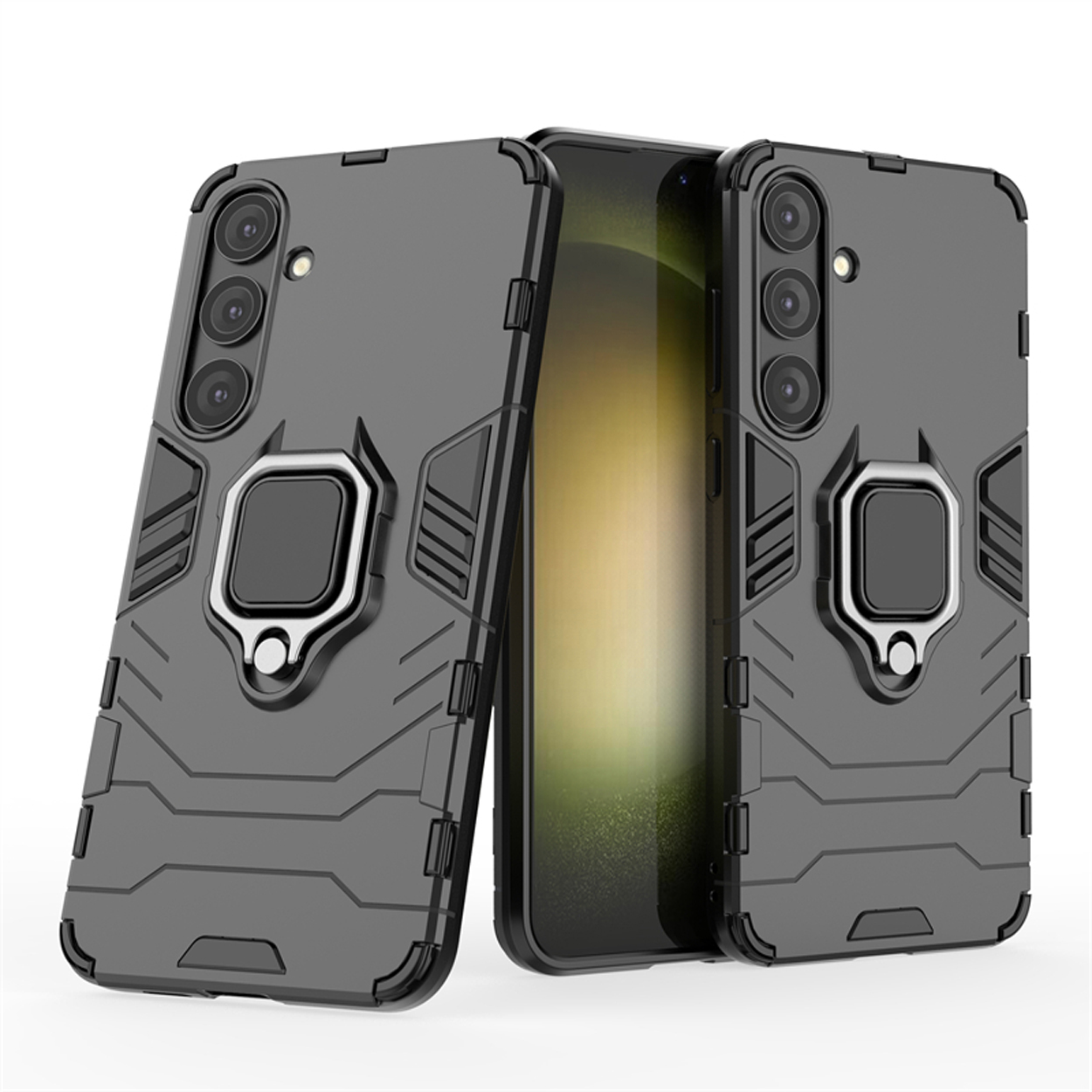 Coques de téléphone noires avec supports d'anneau. Deux coques sur fond blanc.