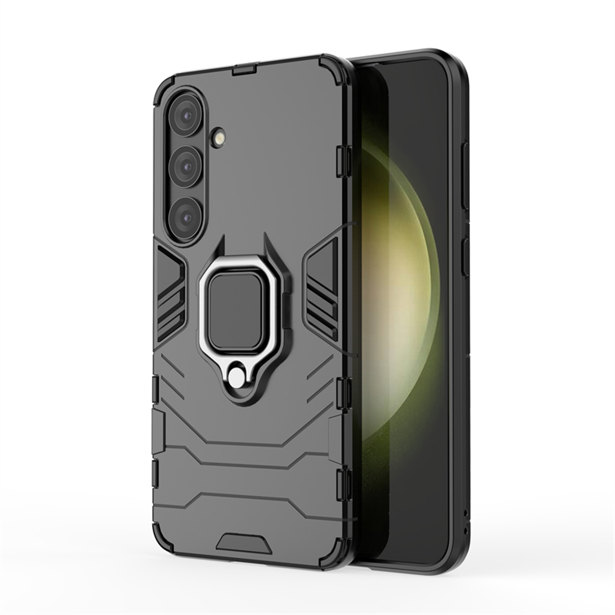 Coque de téléphone noire avec caméra et anneau. Téléphone visible à droite avec écran.