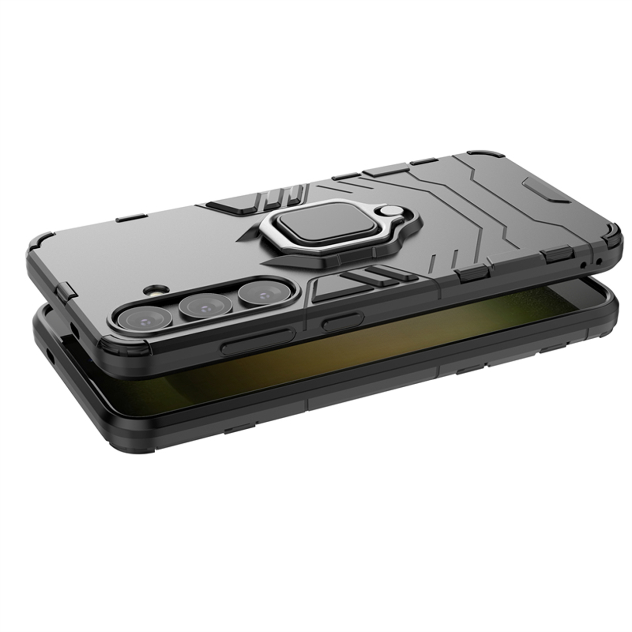 Coque de téléphone noire ouverte sur une surface. L'étui possède un support de bague et une découpe pour l'appareil photo. Le téléphone est visible.