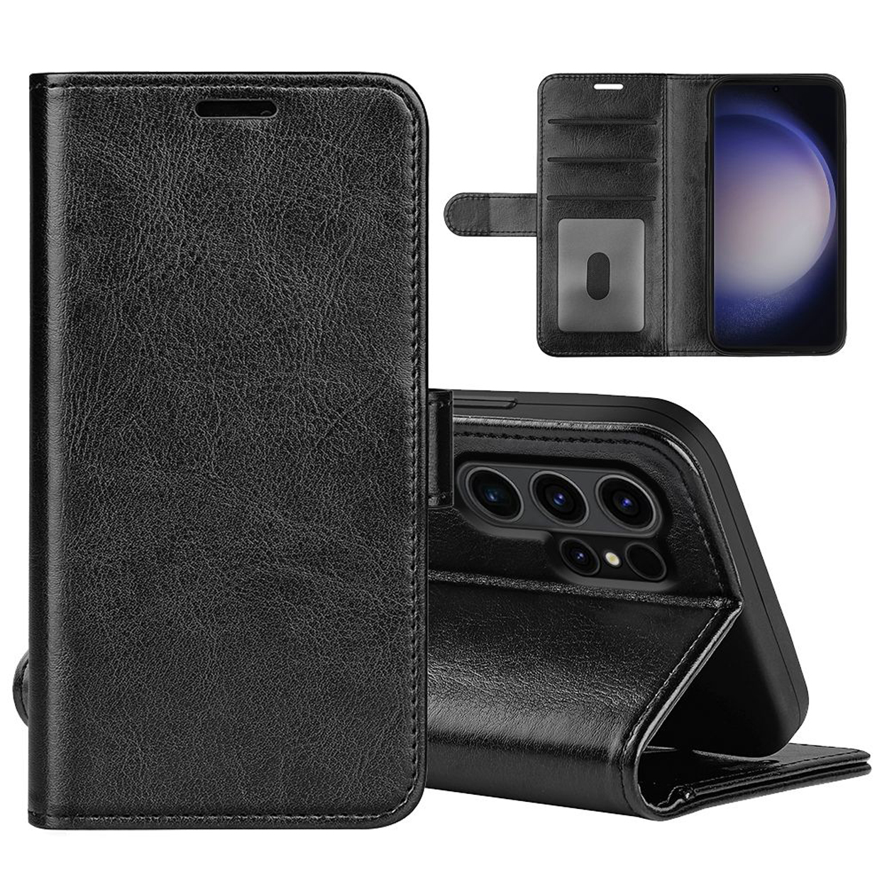 Zwarte leren telefoonhoes met telefoon erin. Meerdere weergaven tonen de hoes open en dicht.