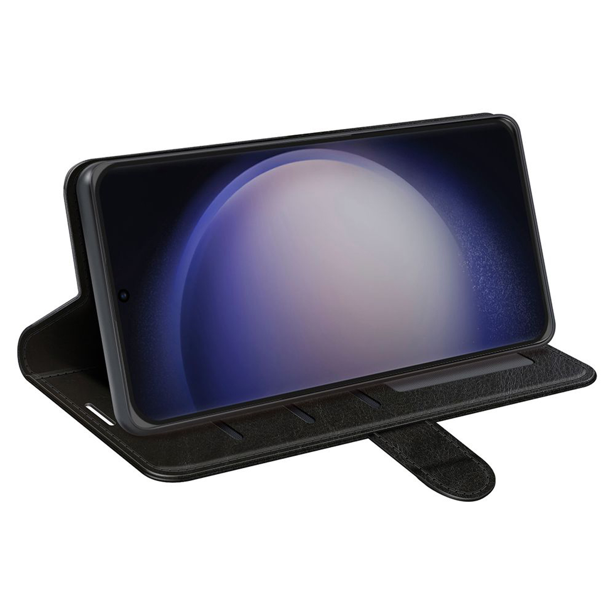Zwarte telefoon in een zwart telefoonhoesje, in een portemonneehoesje met het scherm zichtbaar.