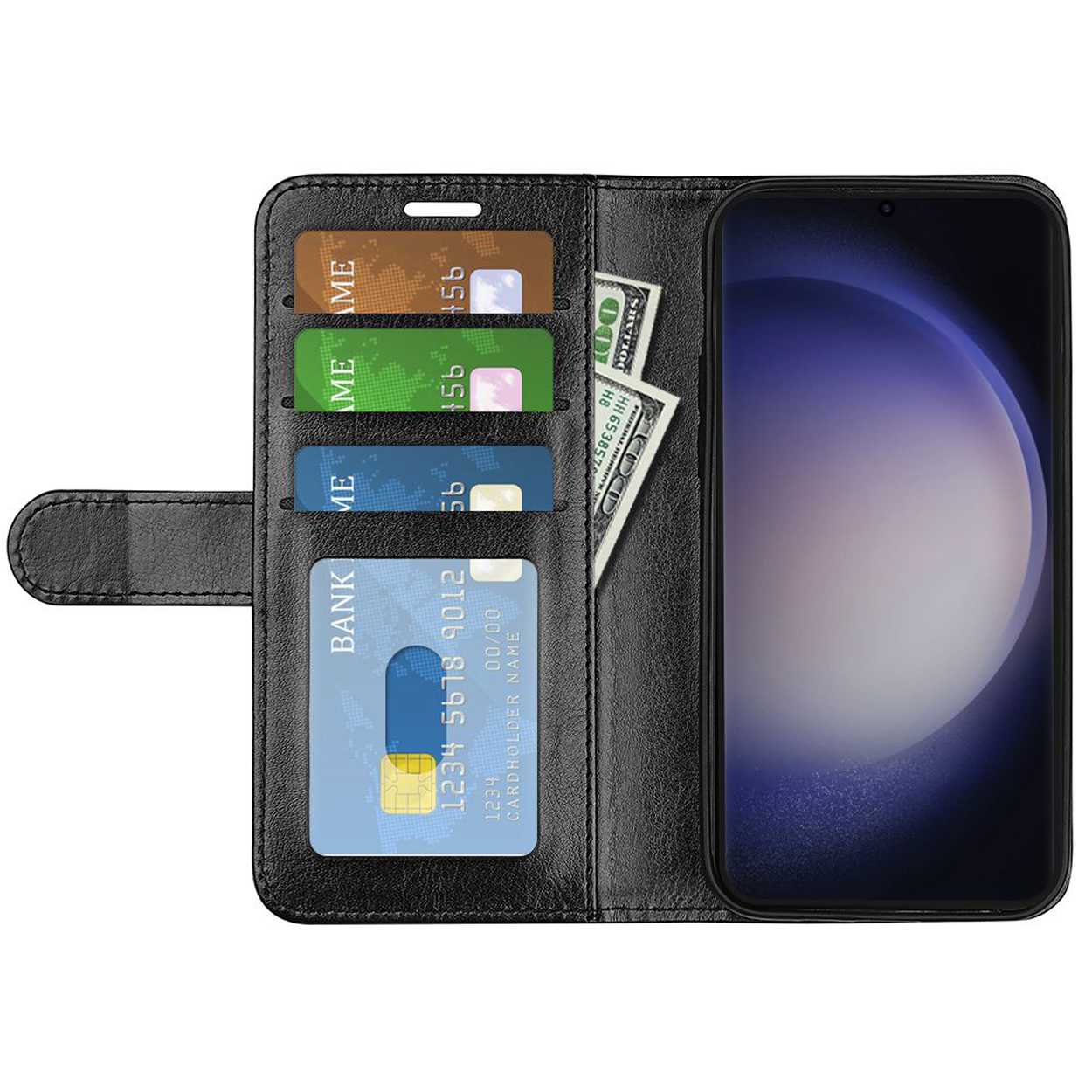 Zwarte telefoonhoes met kaarten en telefoon. Bevat kaarten met nummers en Amerikaanse dollarbiljetten.