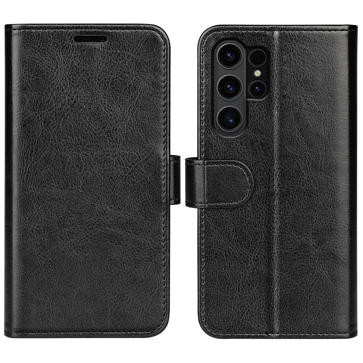 Zwarte telefoonhoes, gesloten en open. De open kant toont de achterkant van de telefoon met camera's. De hoes heeft een magnetische sluiting.