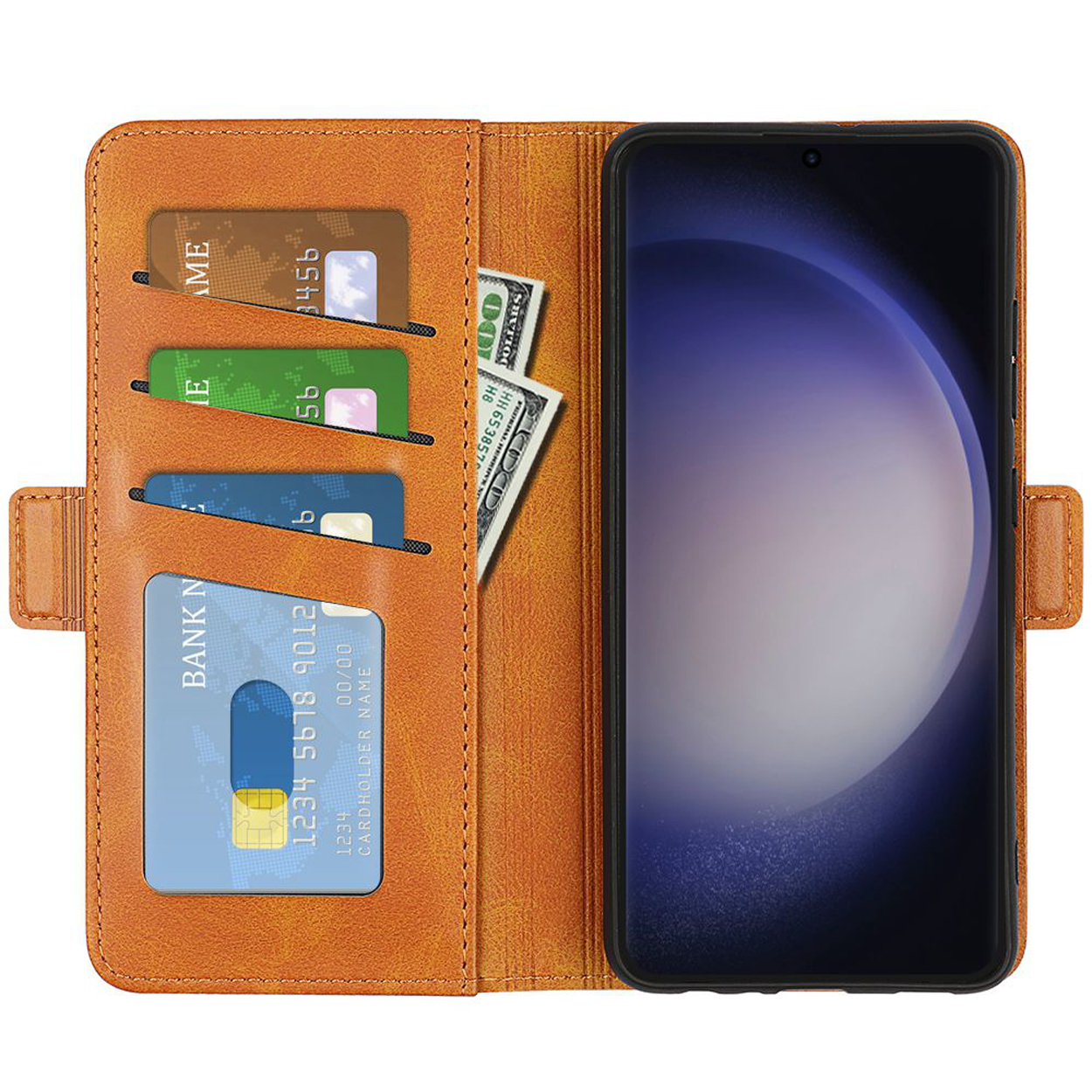 Telefoonhoesje met kaarten en geld.