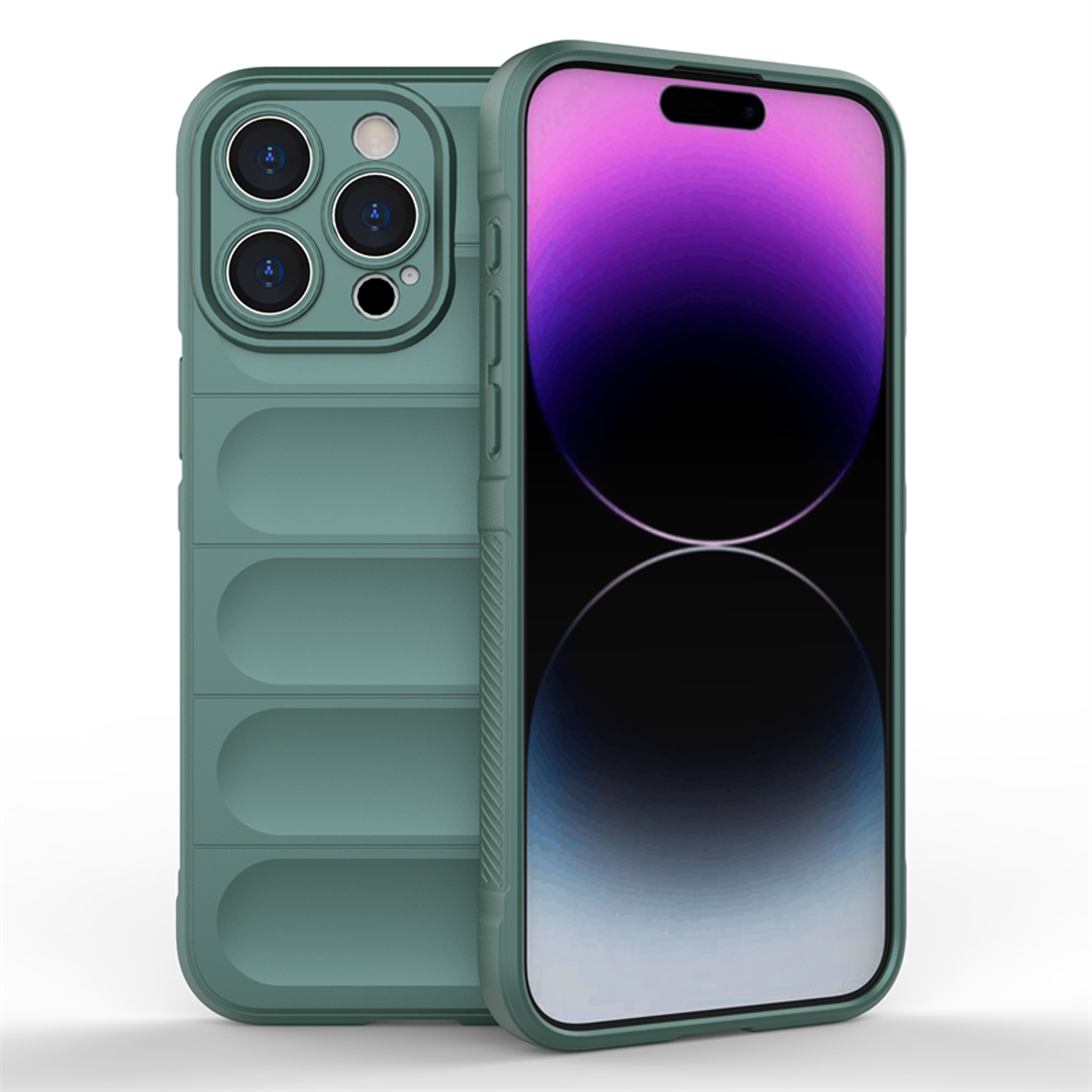 Groene telefoonhoes met zichtbare camera. De telefoon staat op het scherm.