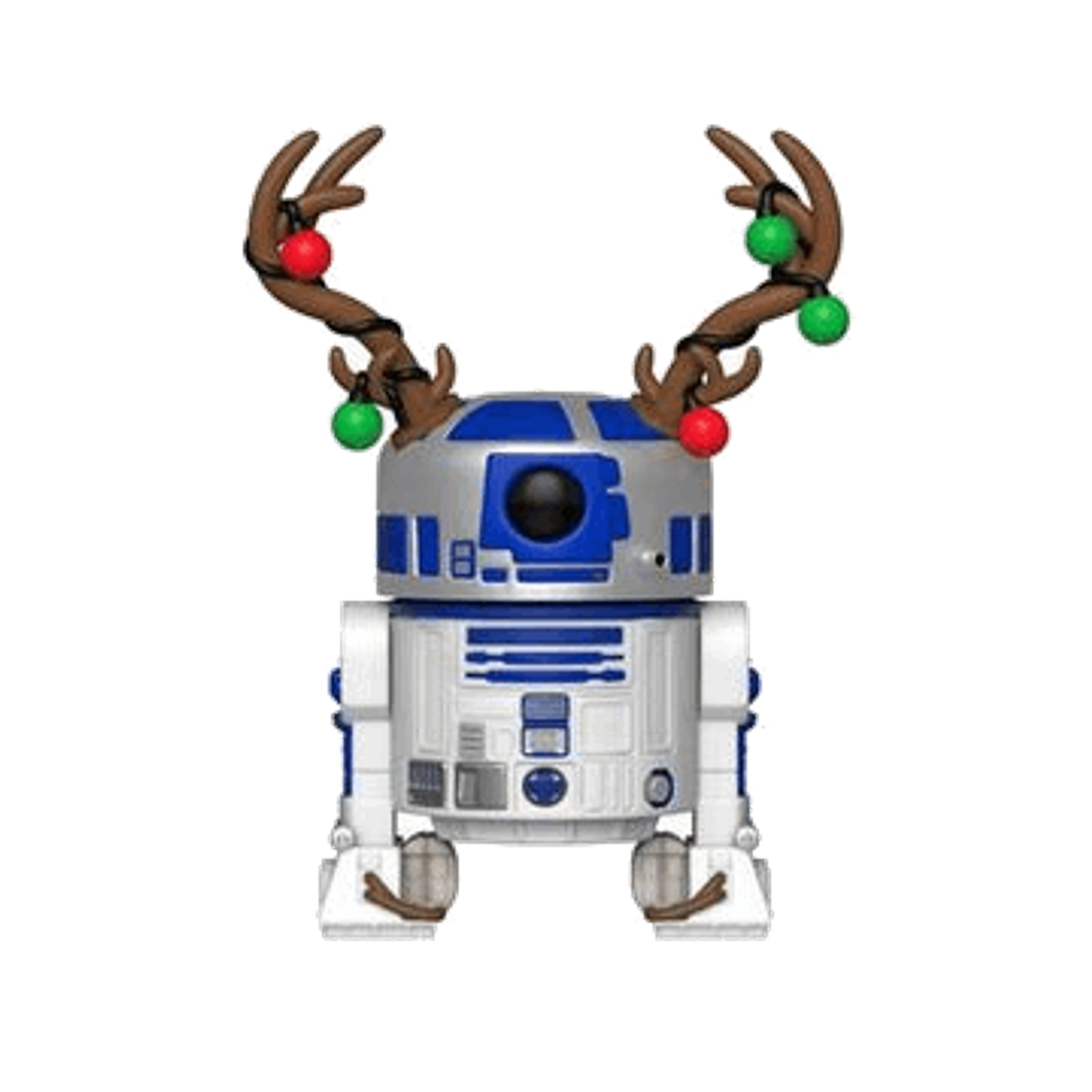 Robot R2-D2 con corna e decorazioni natalizie. Robot bianco, argento e blu. Sfondo nero.