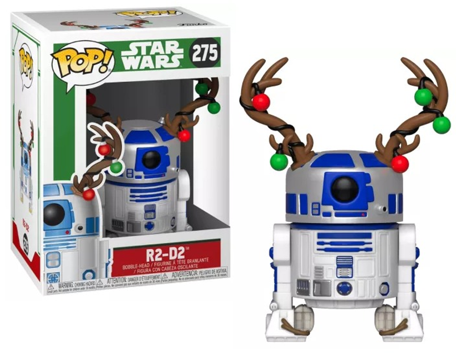 R2-D2 Funko Pop Figur mit Weihnachts-Geweihen und Lichtern, in und aus der Box. Weißer Hintergrund.