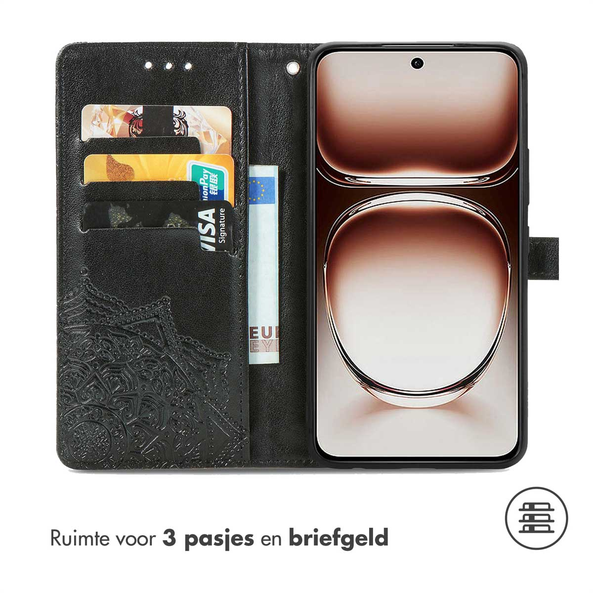 Zwarte telefoonhoes, met ruimte voor kaarten en geld. Telefoon met scherm. Witte achtergrond.