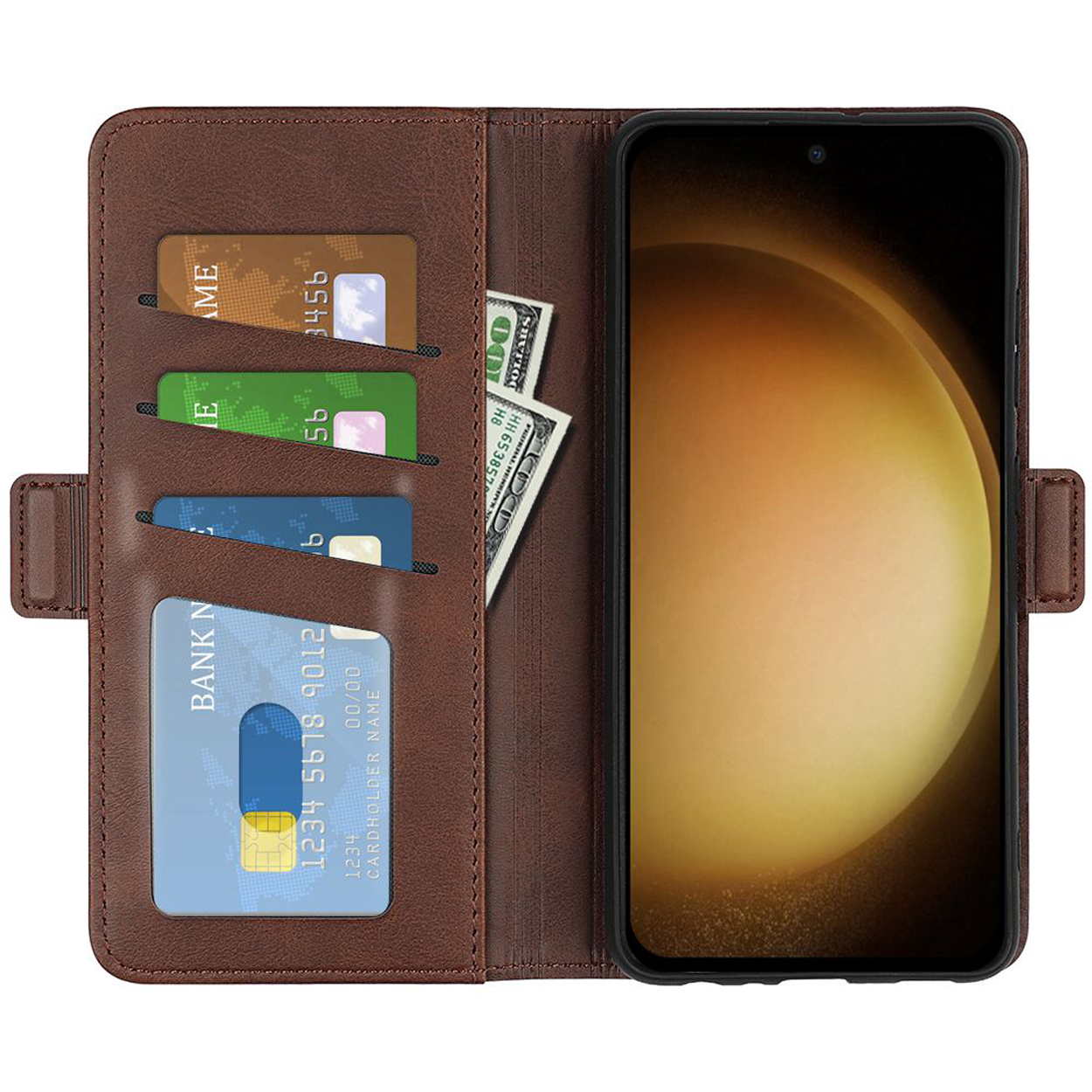 Bruin leren telefoonhoesje, open, met kaarten, contant geld en telefoon. Kaarten zichtbaar in sleuven.