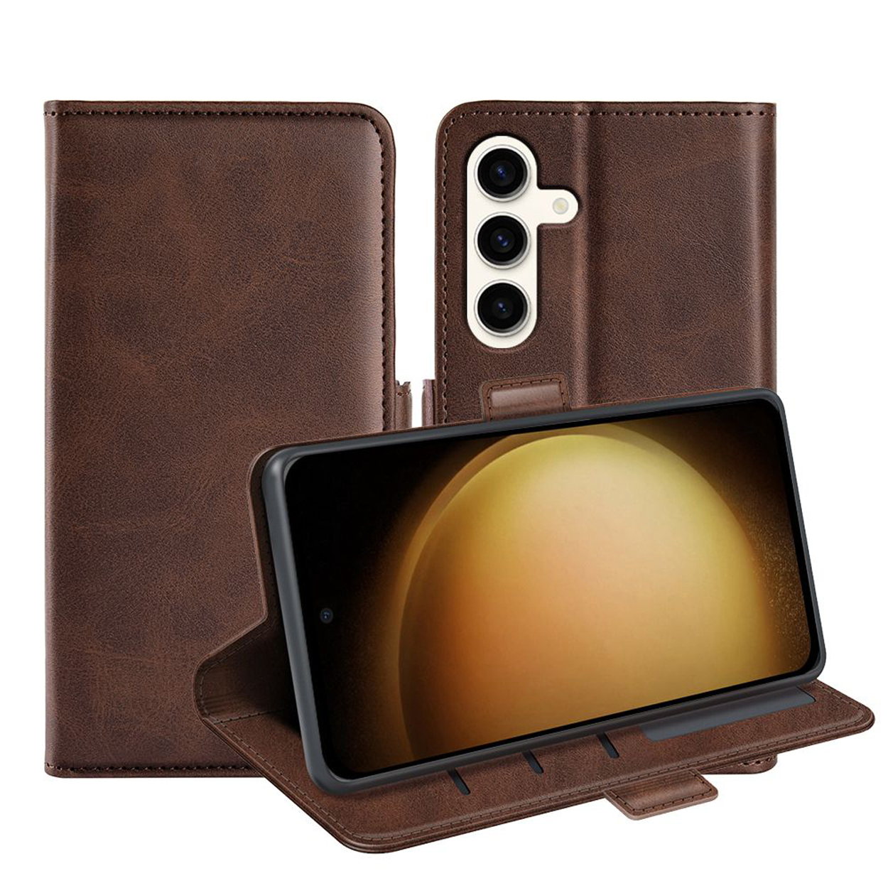 Bruine telefoonhoes met telefoon erin, open en dicht.