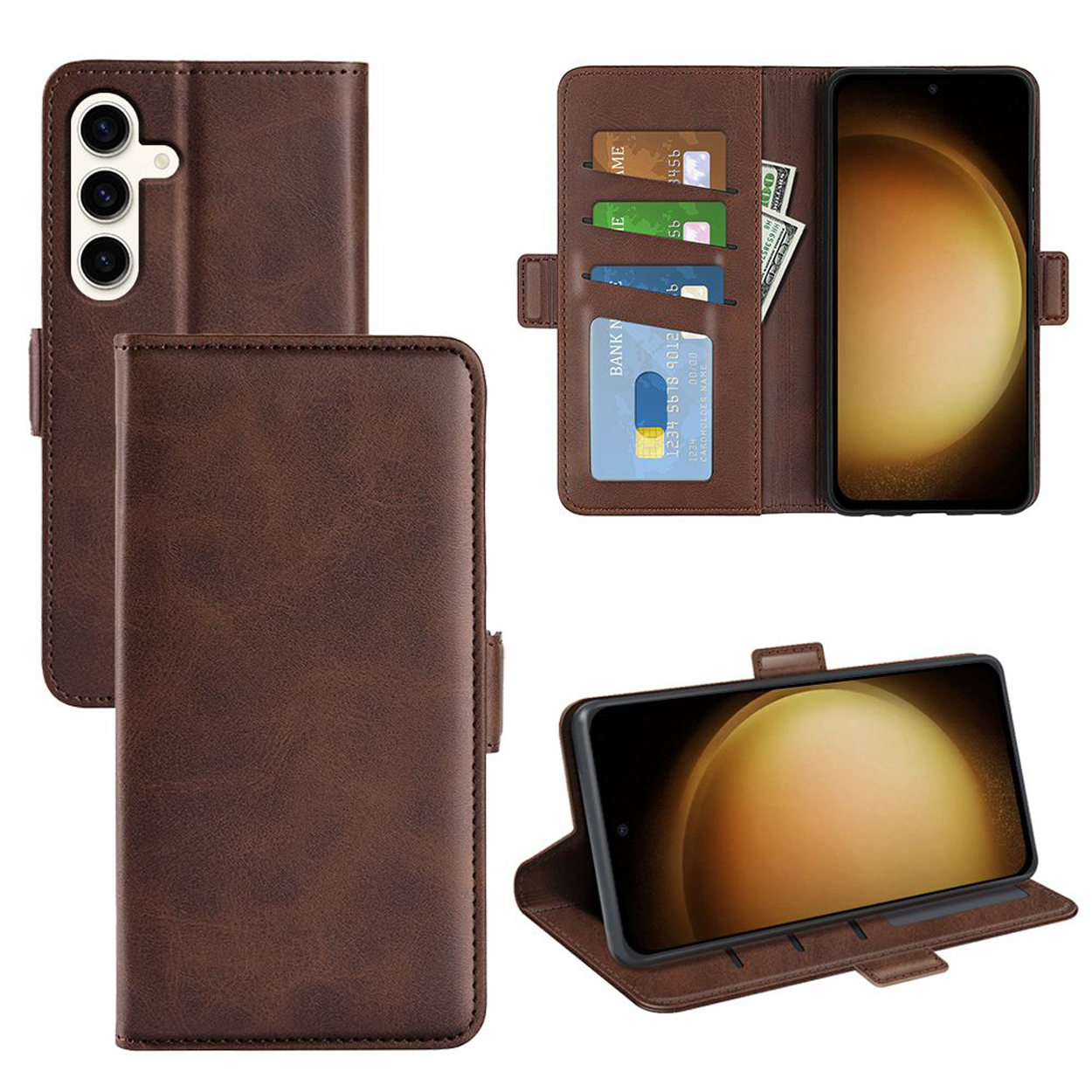 Bruine leren telefoonhoes, open en dicht, met kaartsleuven en een telefoon die een afbeelding weergeeft.