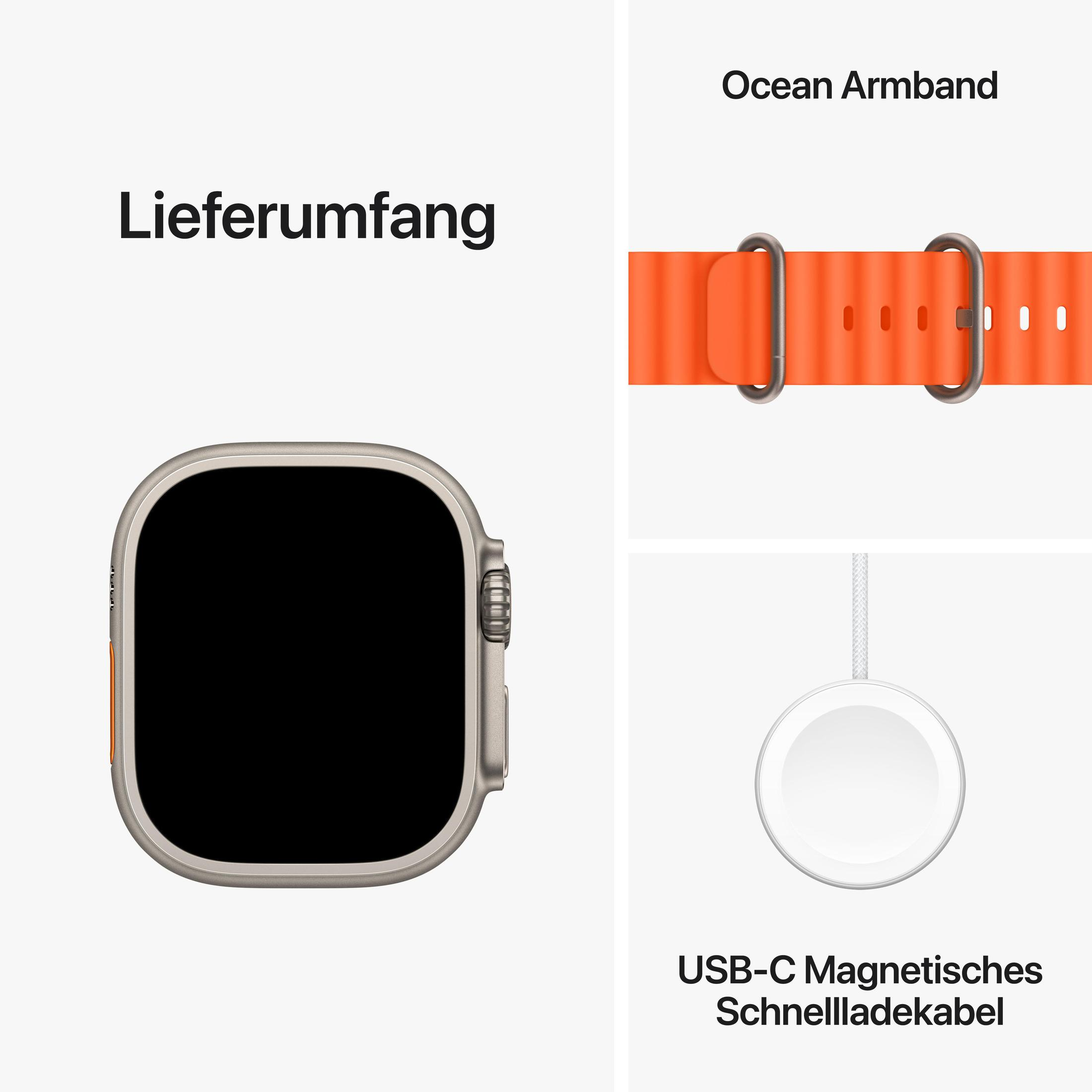 Apple Watch Ultra mit orangefarbenem Band, Ladegerät und Verpackung.